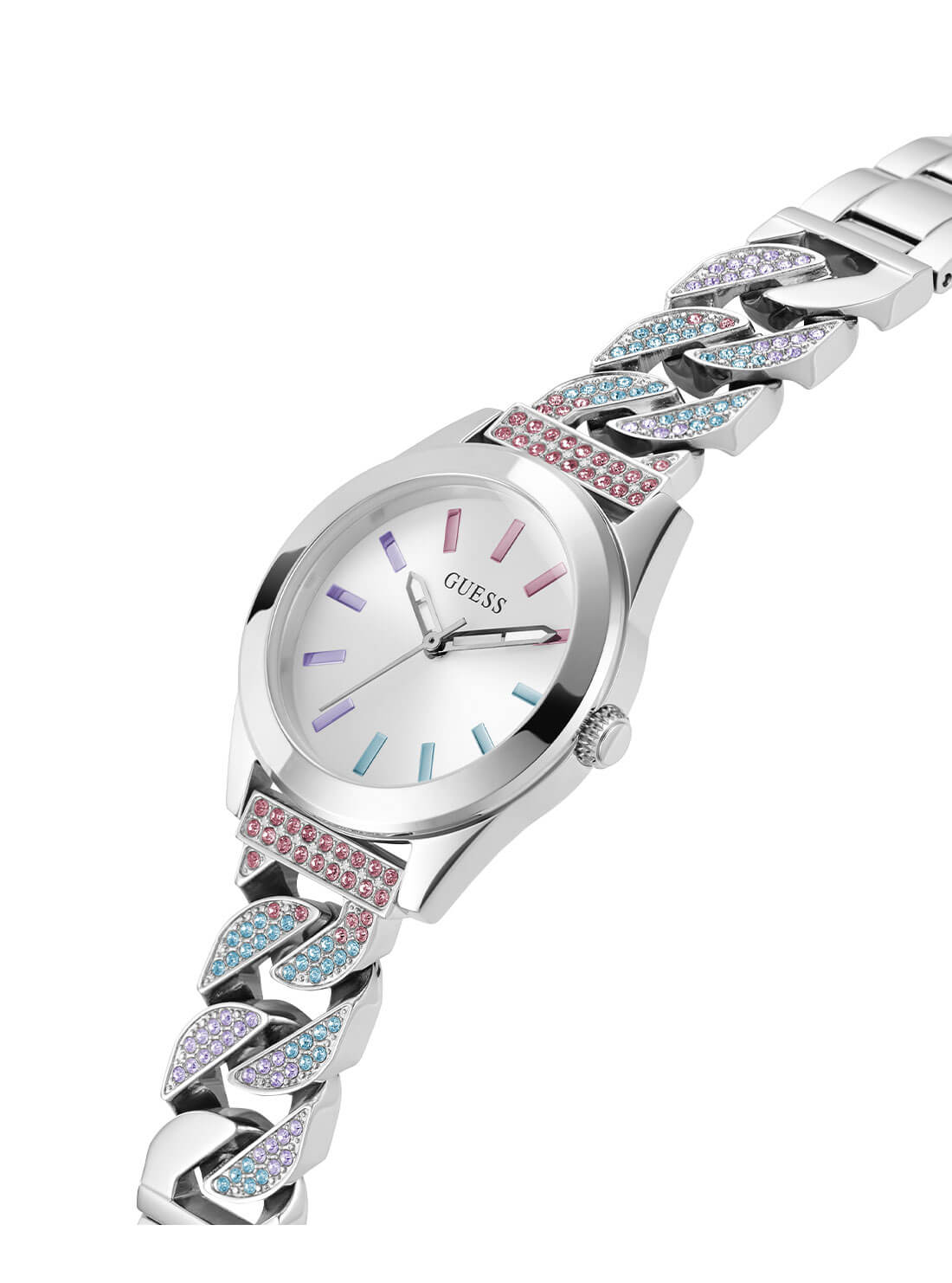 Silver Serena Multi Glitz Link Watch | GUESS Women's Watches | side view