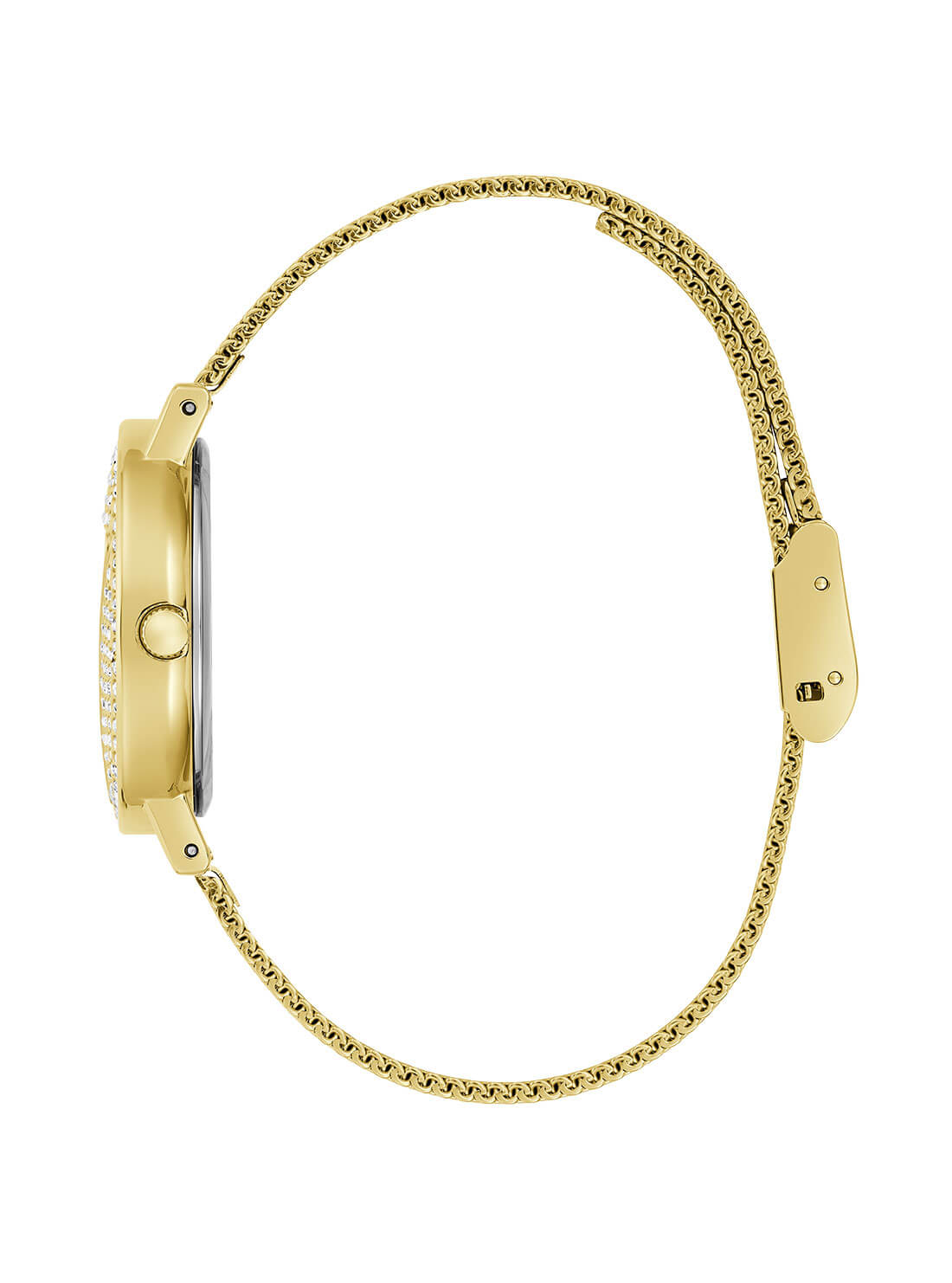 Gold Mini Iconic Glitz Mesh Watch | GUESS Women's Watches | side view alt