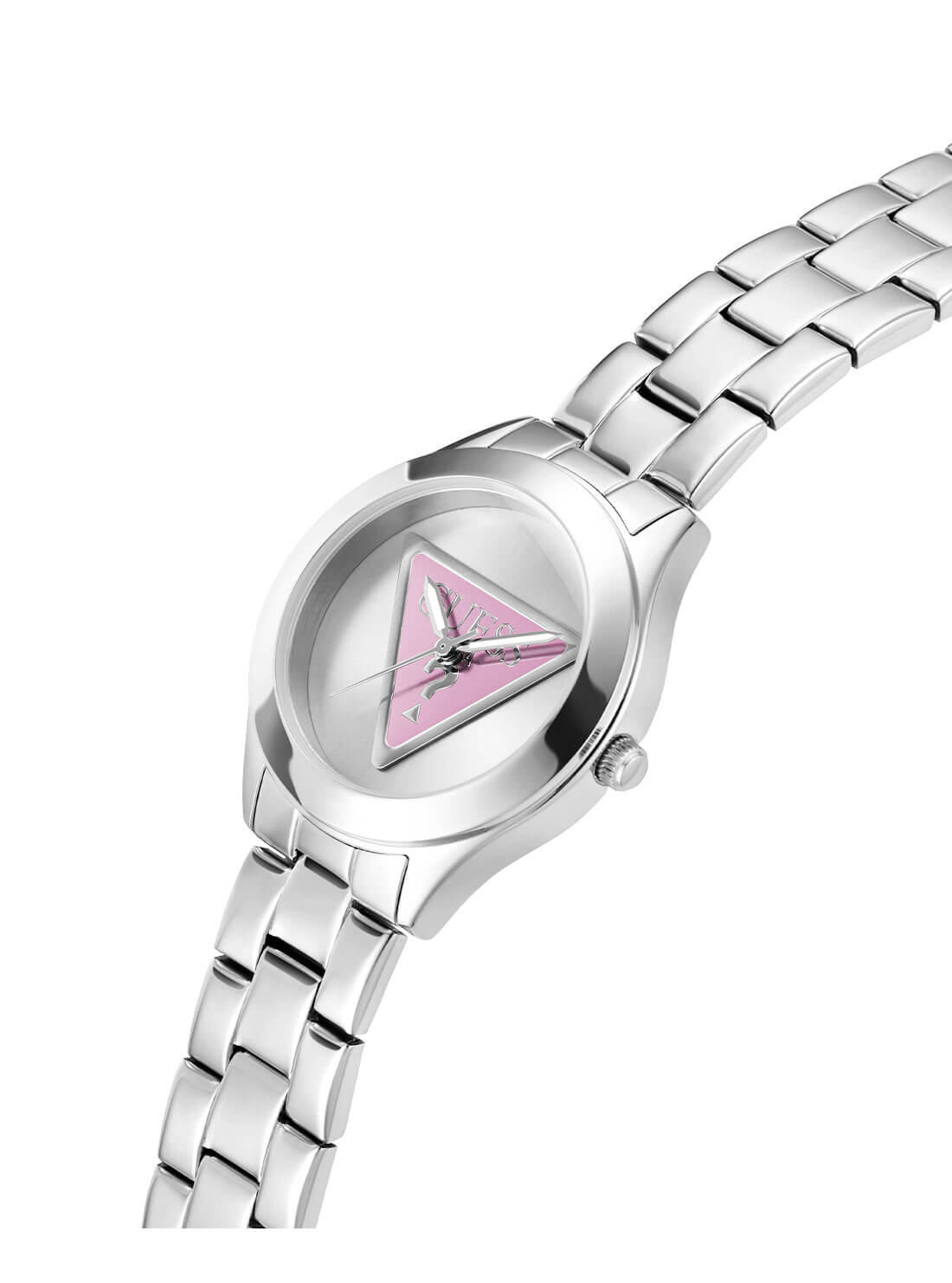 Silver Tri Plaque Pink Link Watch | GUESS Women's Watches | detail view