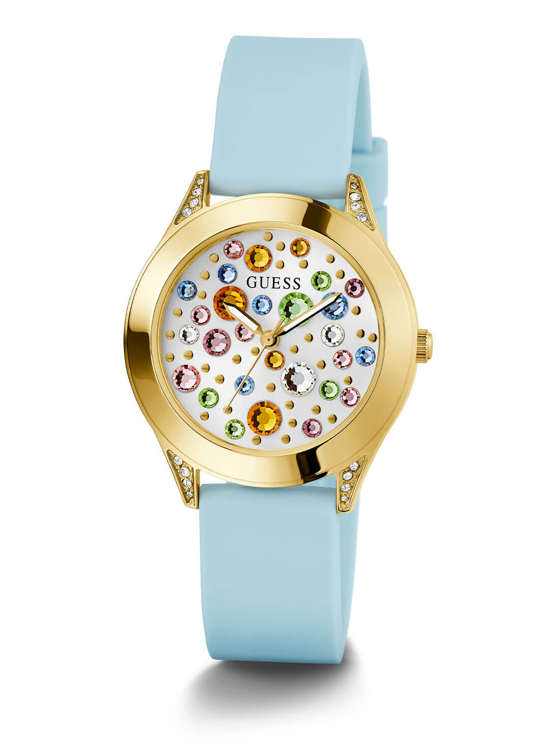 Gold Mini Wonderlust Multi Glitz Blue Silicone Watch | GUESS Women's Watches | full view