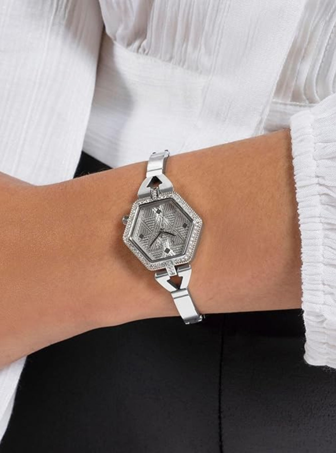 Silver Audrey Glitz Hexagonal Link Watch | GUESS Women's Watches | Model view