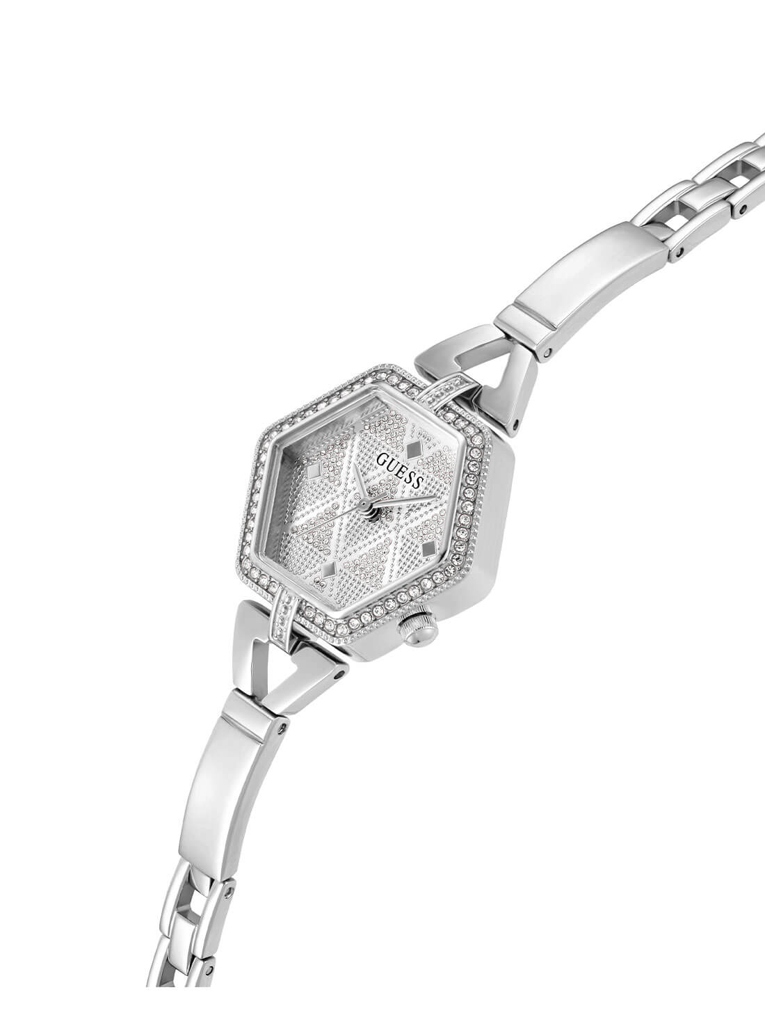 Silver Audrey Glitz Hexagonal Link Watch | GUESS Women's Watches | detail view