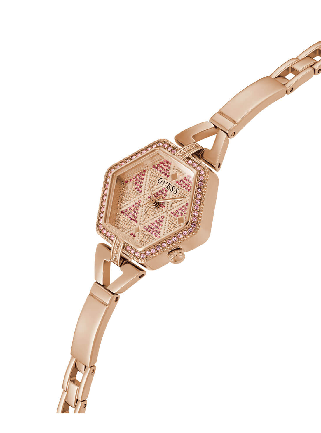 Rose Gold Audrey Glitz Hexagonal Link Watch | GUESS Women's Watches | detail view