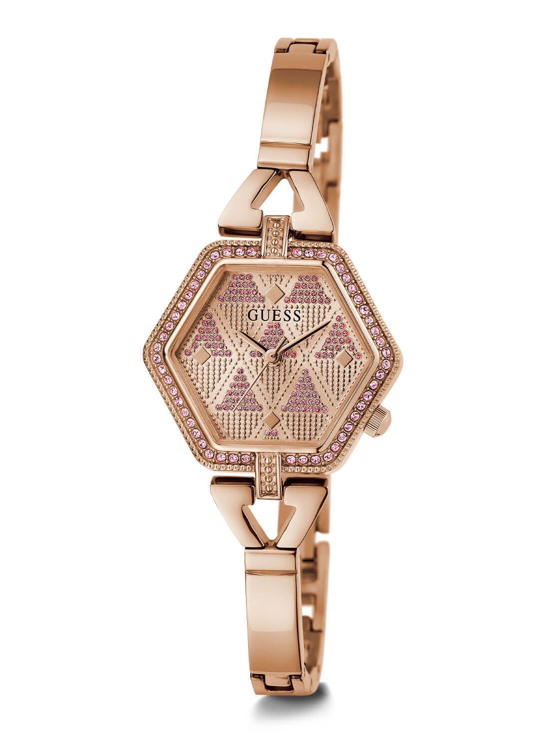 Rose Gold Audrey Glitz Hexagonal Link Watch | GUESS Women's Watches | full view