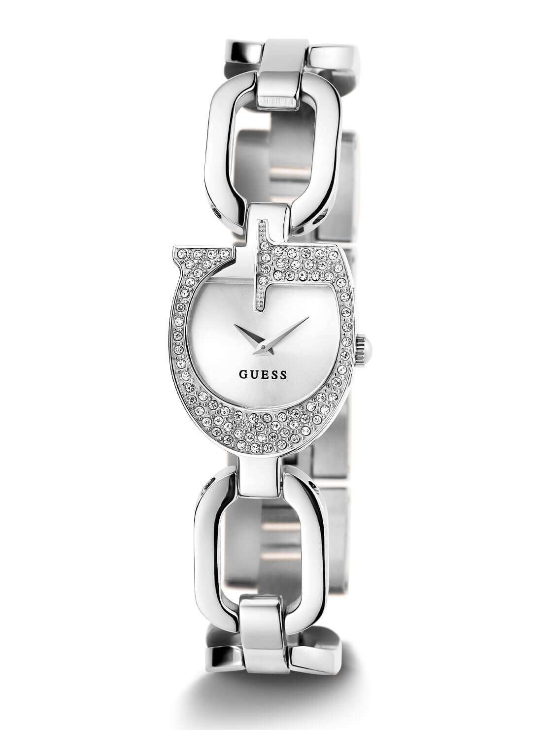 Silver Gia Logo Link Watch | GUESS Women's Watches | full view