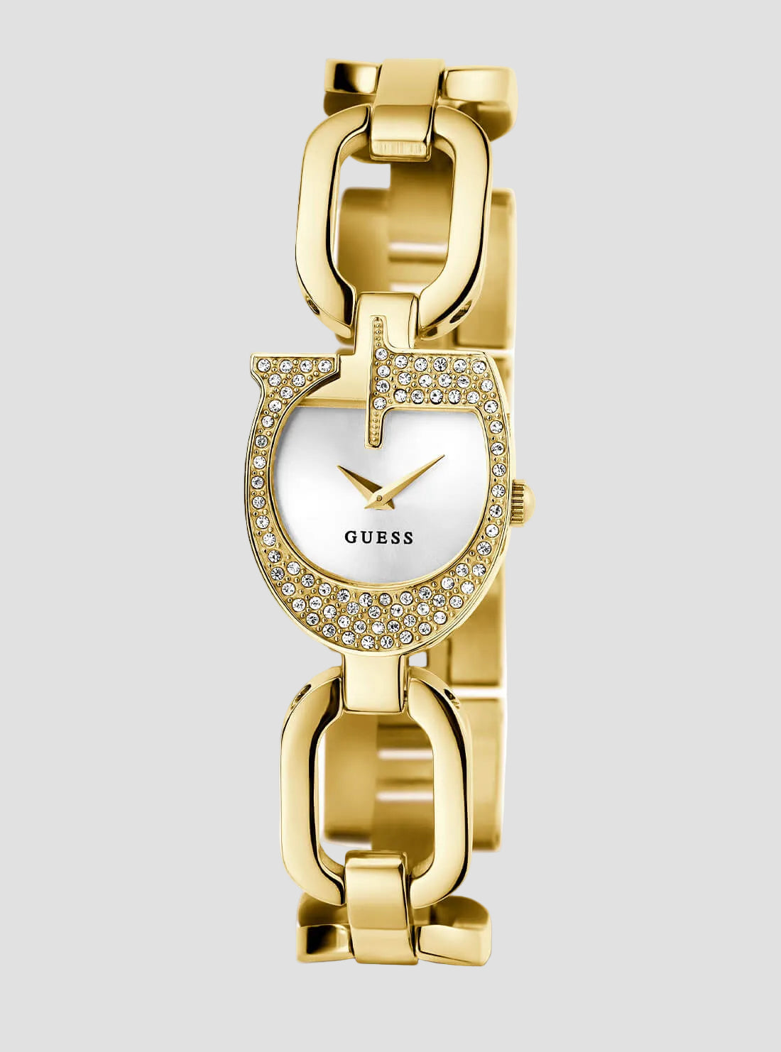 Gold Gia Logo Link Bracelet Watch | GUESS Women's Watches | full view