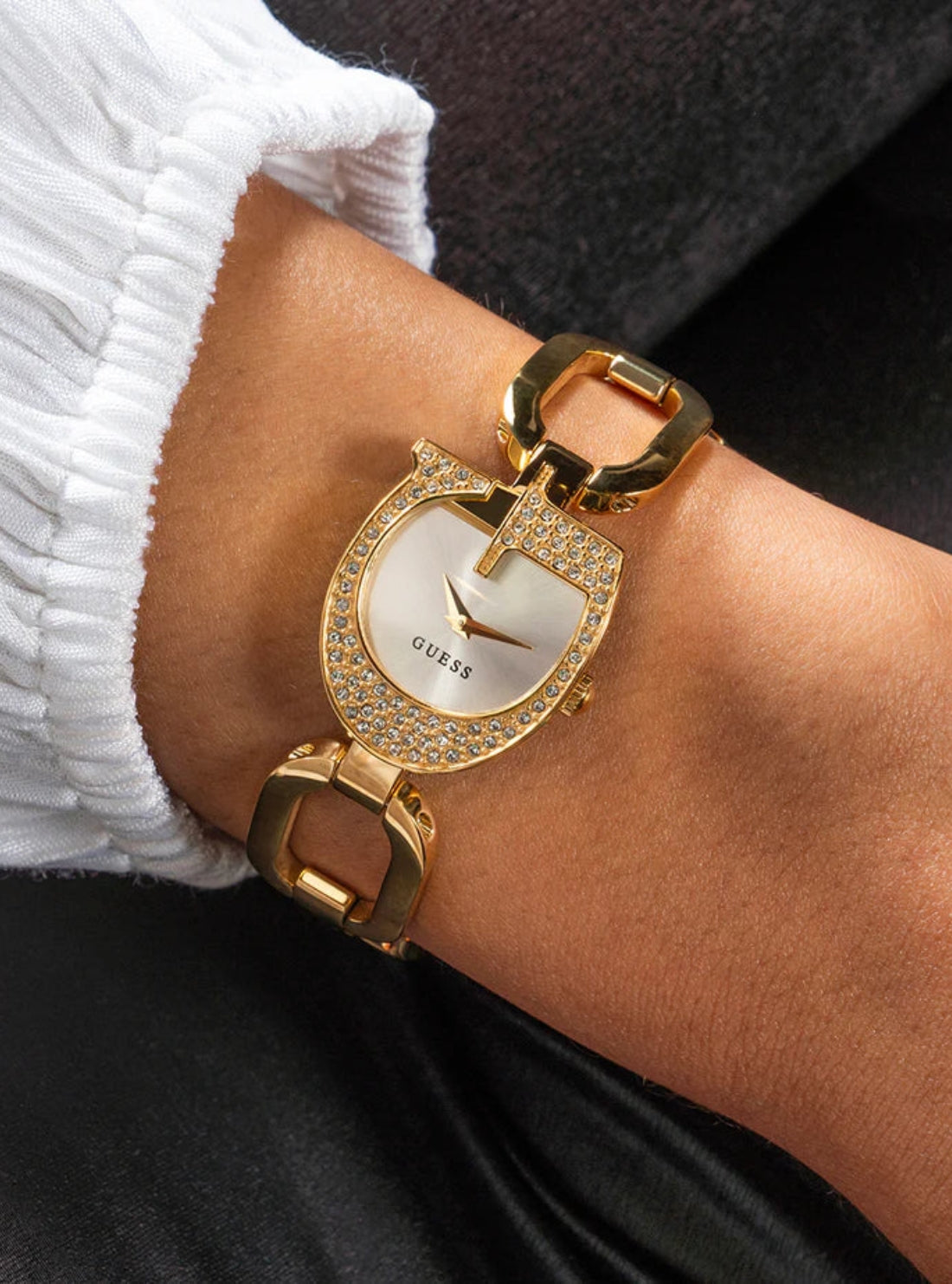 Gold Gia Logo Link Bracelet Watch | GUESS Women's Watches Model View