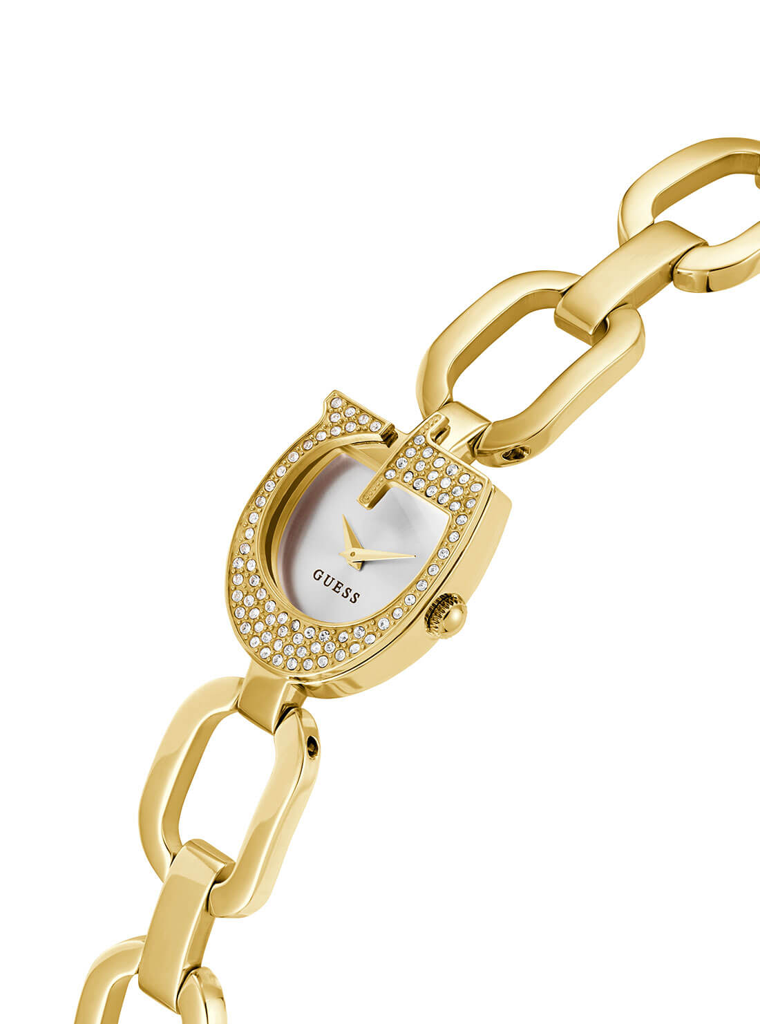 Gold Gia Logo Link Bracelet Watch | GUESS Women's Watches | detail view