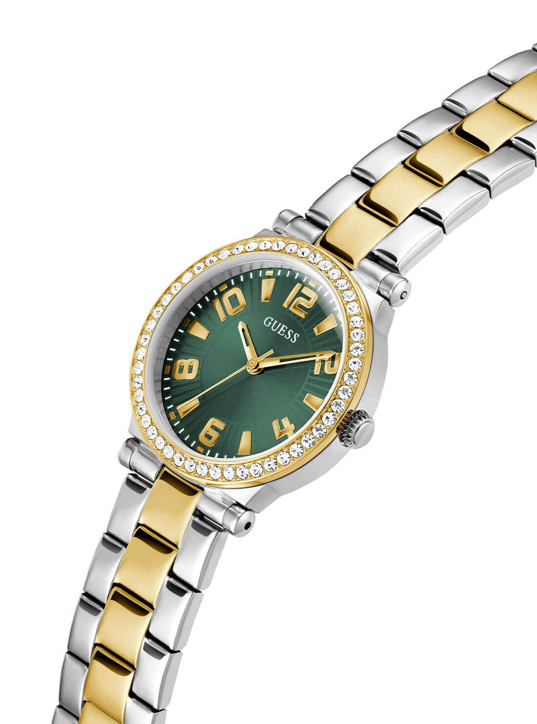 Gold and Silver Crystal Fawn Link Watch | GUESS Women's Watches | detail view