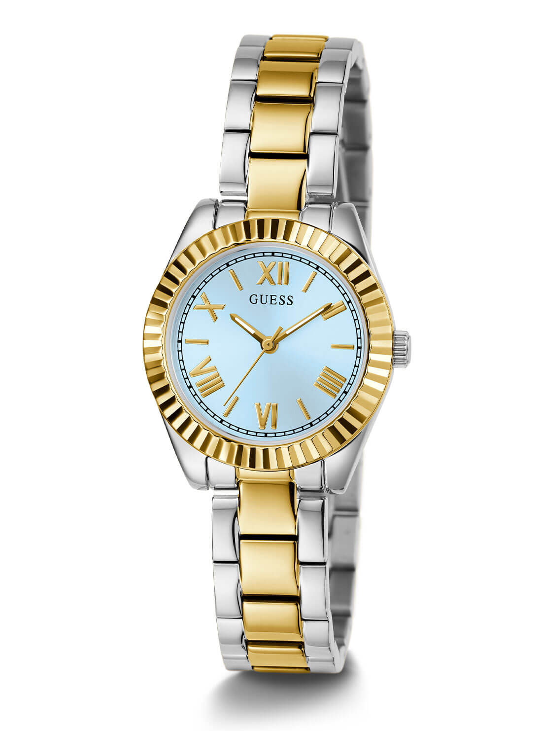 Gold and Silver Mini Luna Blue Dial Vintage Link Watch | GUESS Women's Watches | full view