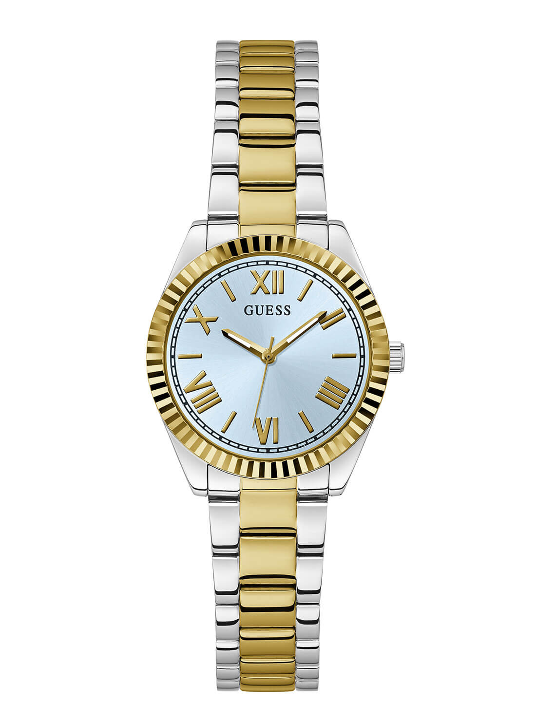 Gold and Silver Mini Luna Blue Dial Vintage Link Watch | GUESS Women's Watches | front view