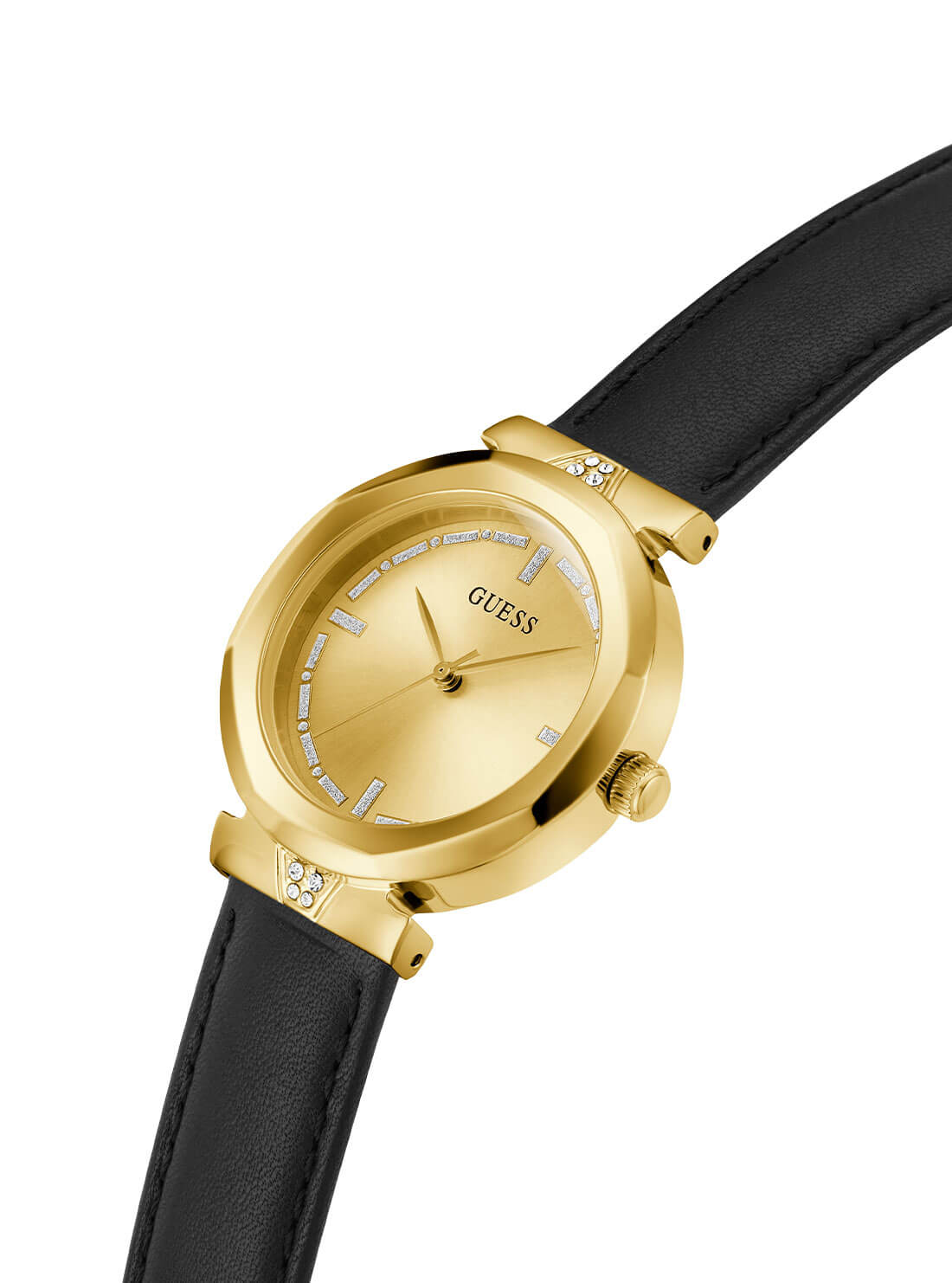 Gold Rumour Black Leather Watch | GUESS Women's Watches | detail view
