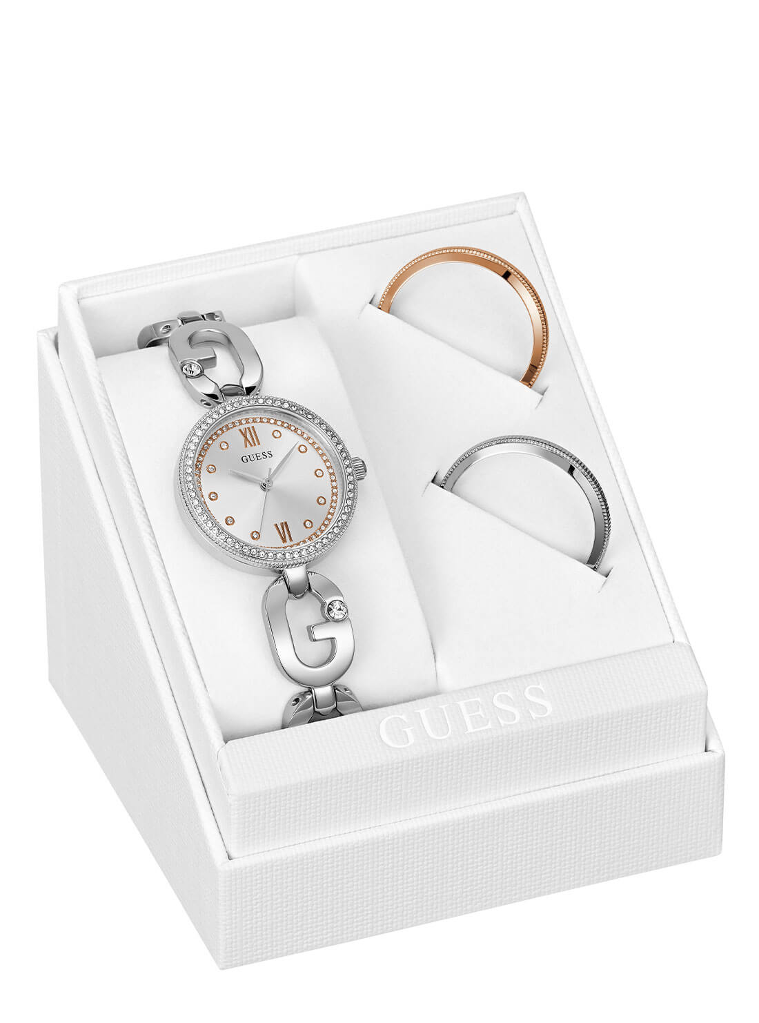 Silver Empower Interchangeable Crystal Link Bracelet Watch | GUESS Women's Watches | giftset view