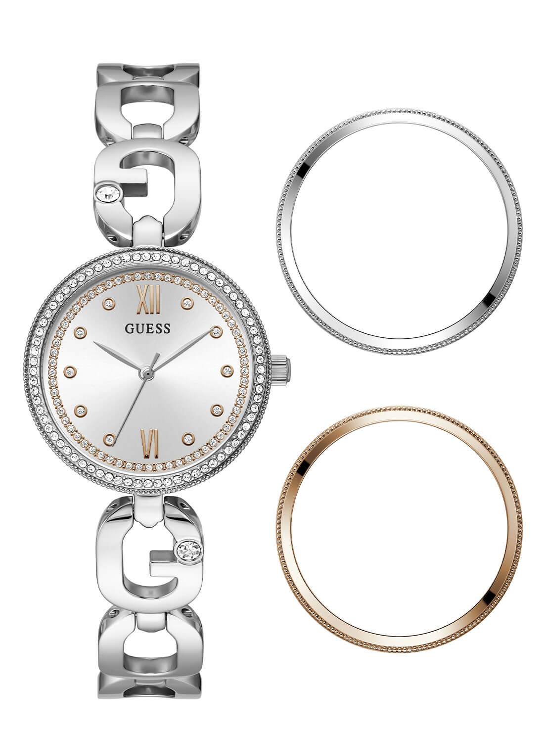 Silver Empower Interchangeable Crystal Link Bracelet Watch | GUESS Women's Bracelets | Front view