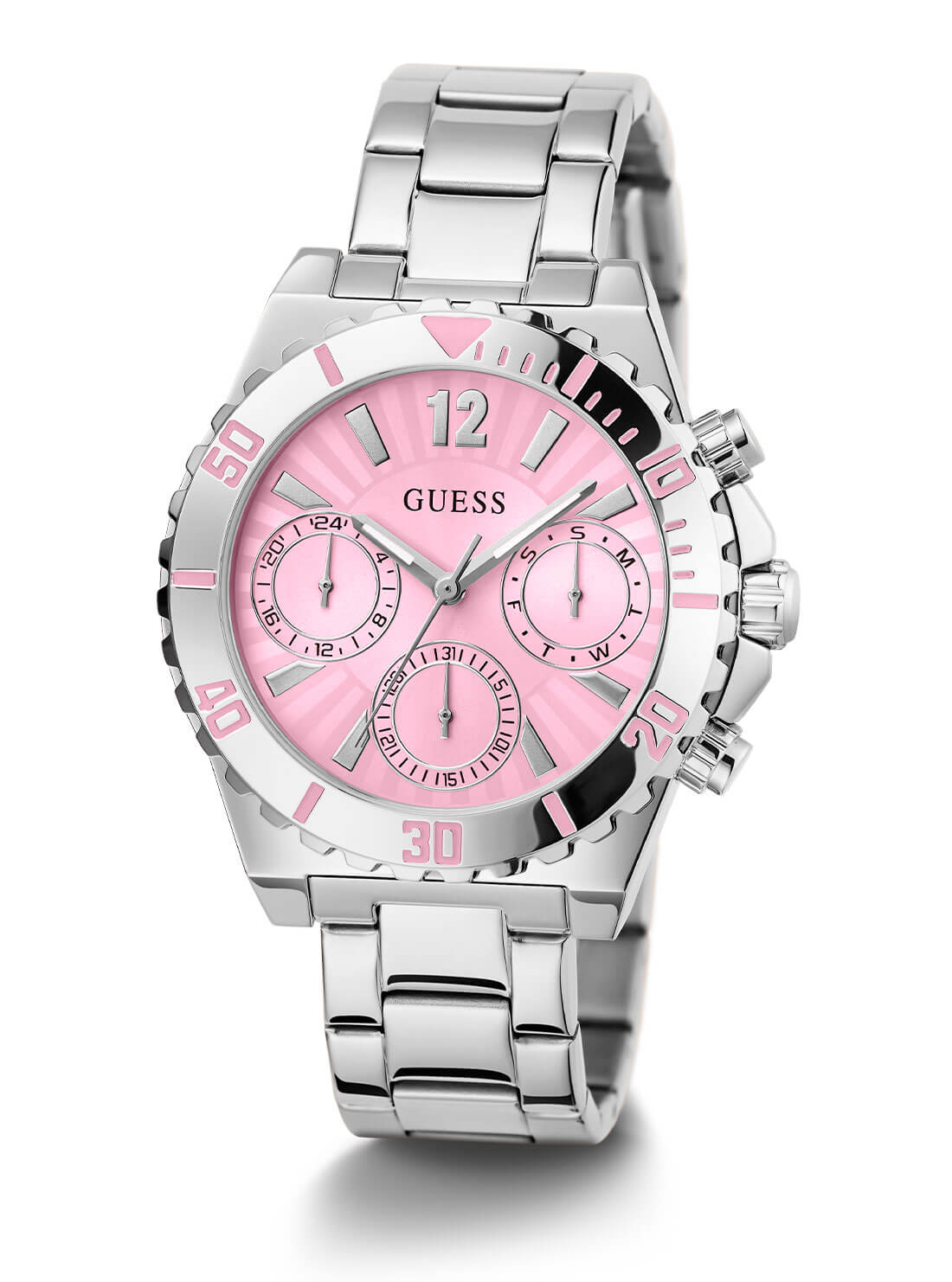 Silver Phoebe Pink Dial Link Watch | GUESS Women's Watches | full view