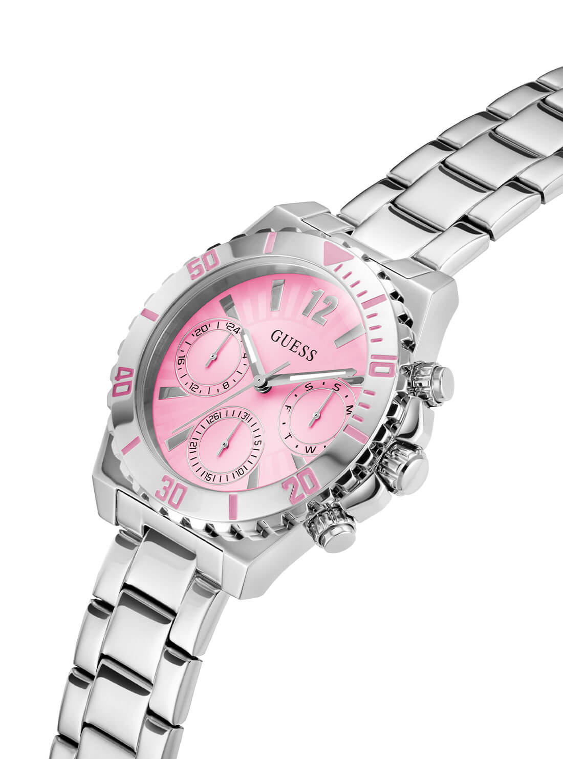 Silver Phoebe Pink Dial Link Watch | GUESS Women's Watches | detail view