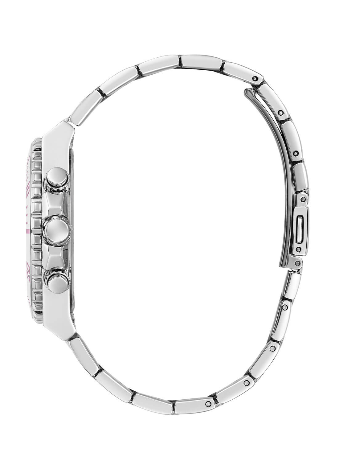 Silver Phoebe Pink Dial Link Watch | GUESS Women's Watches | side view