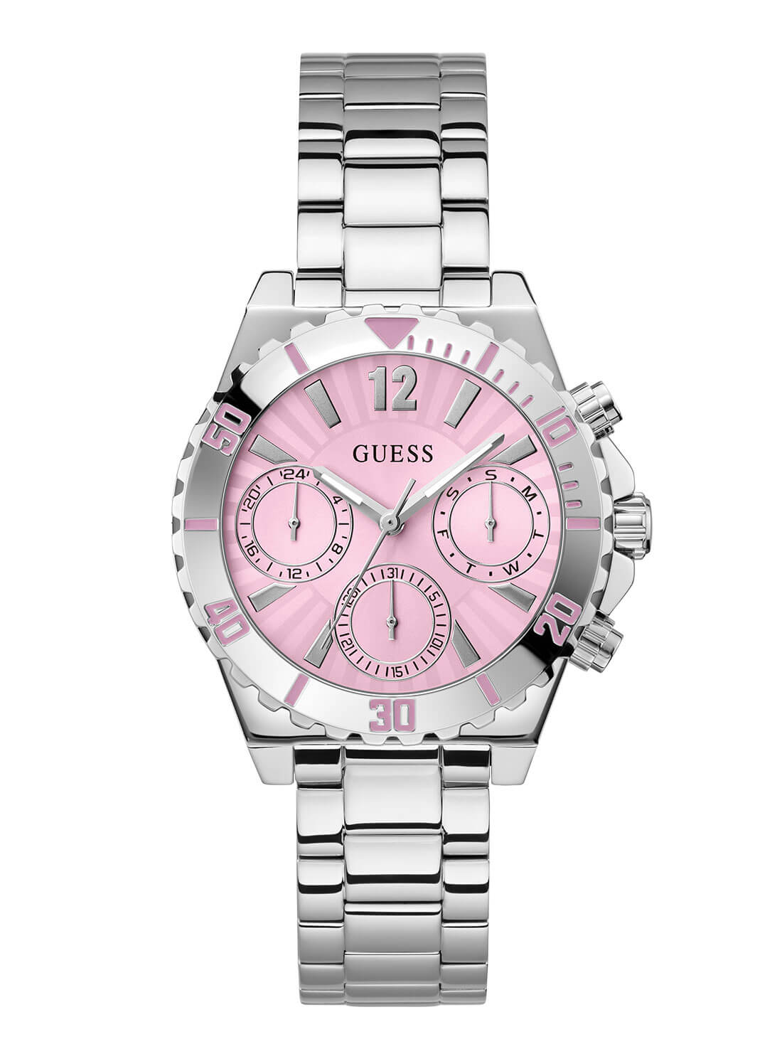 Silver Phoebe Pink Dial Link Watch | GUESS Women's Watches | front view