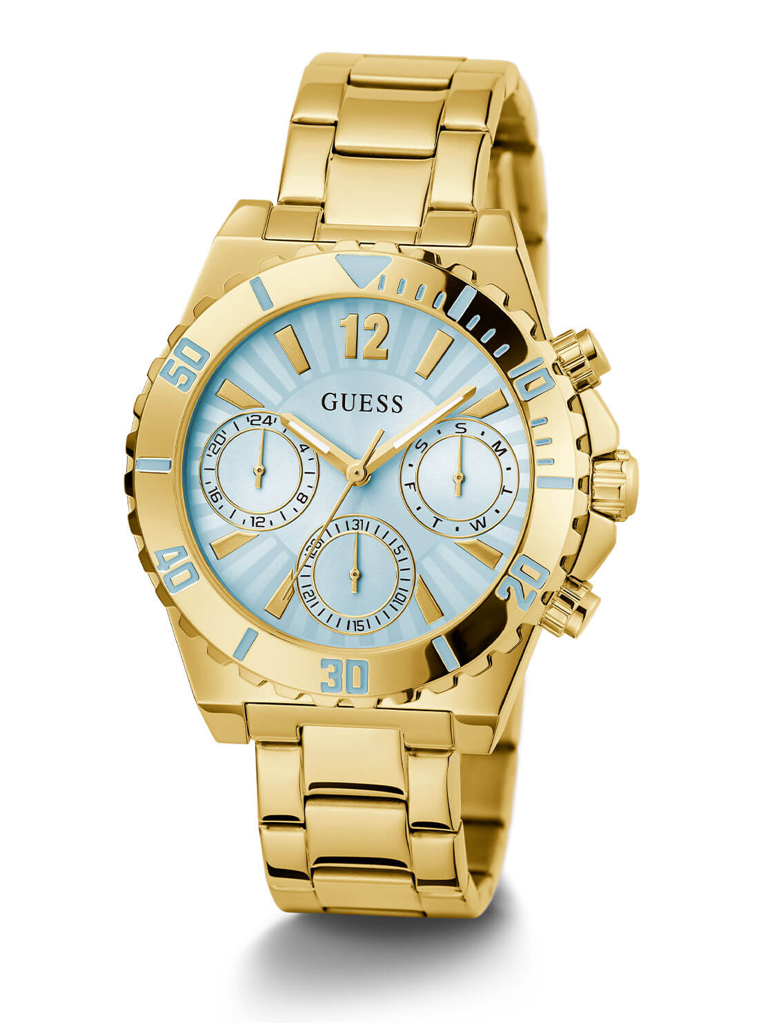 Gold Phoebe Blue Dial Link Watch | GUESS Women's Watches | full view 