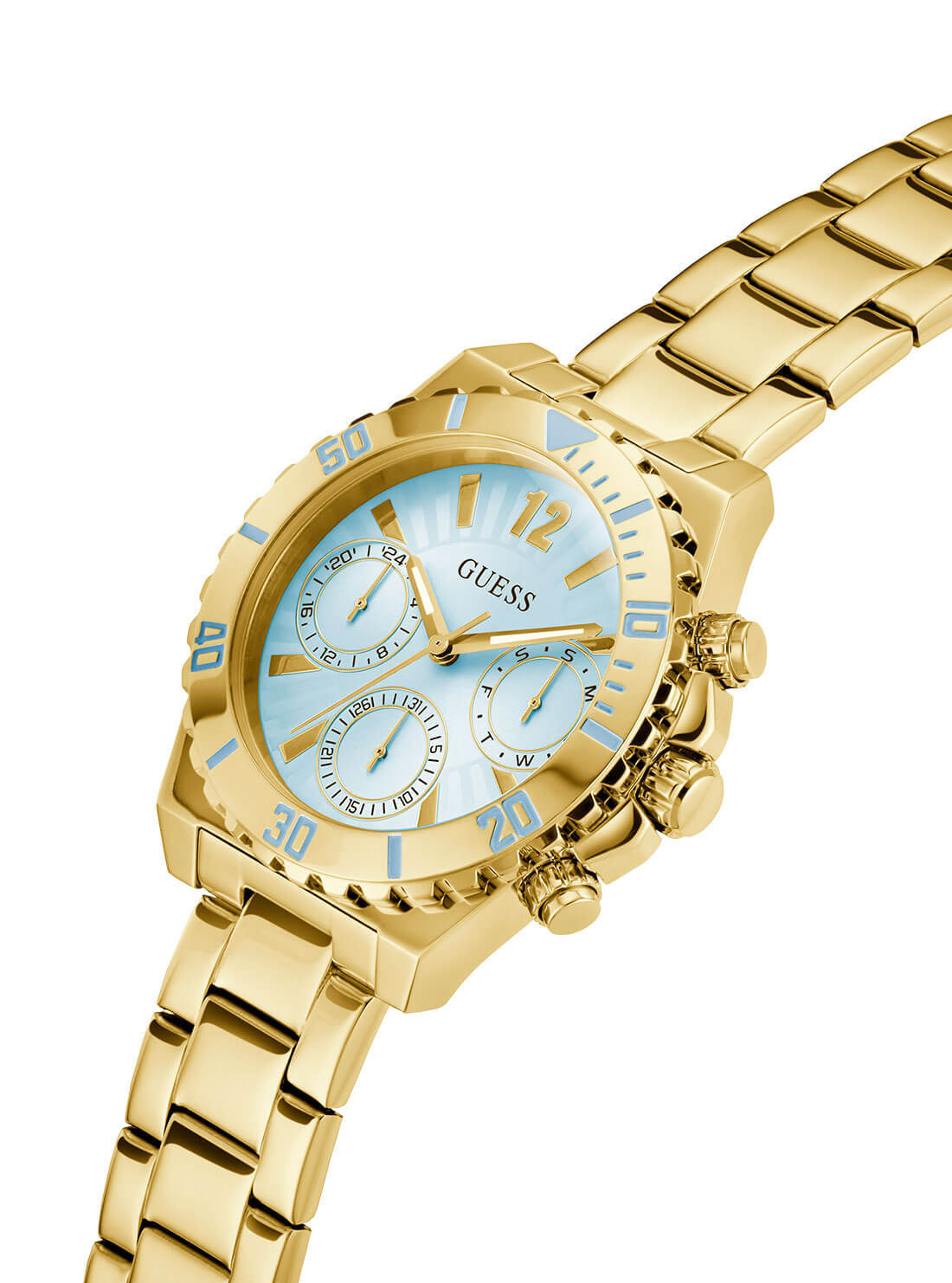 Gold Phoebe Blue Dial Link Watch | GUESS Women's Watches | detail view
