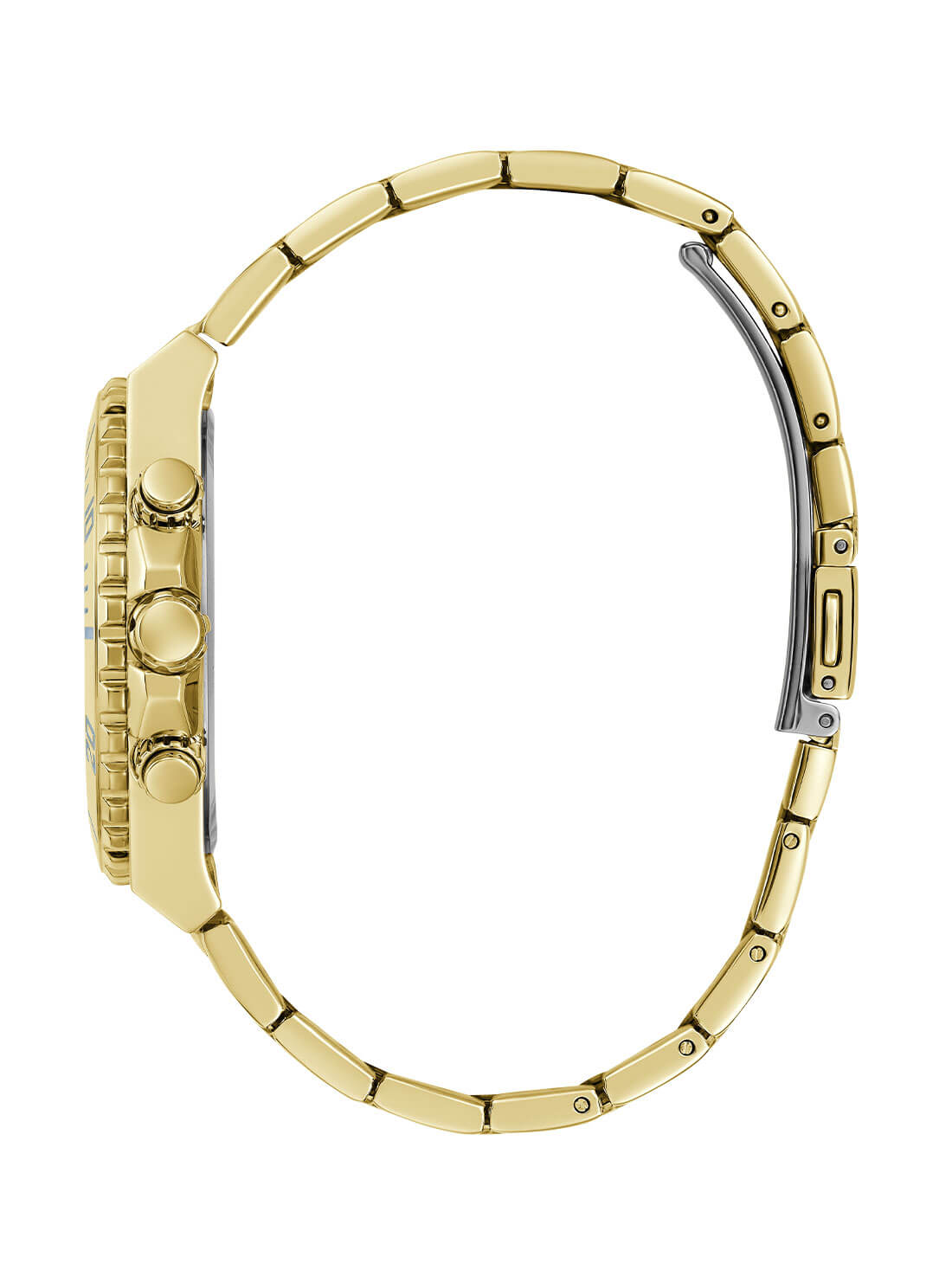 Gold Phoebe Blue Dial Link Watch | GUESS Women's Watches | side view