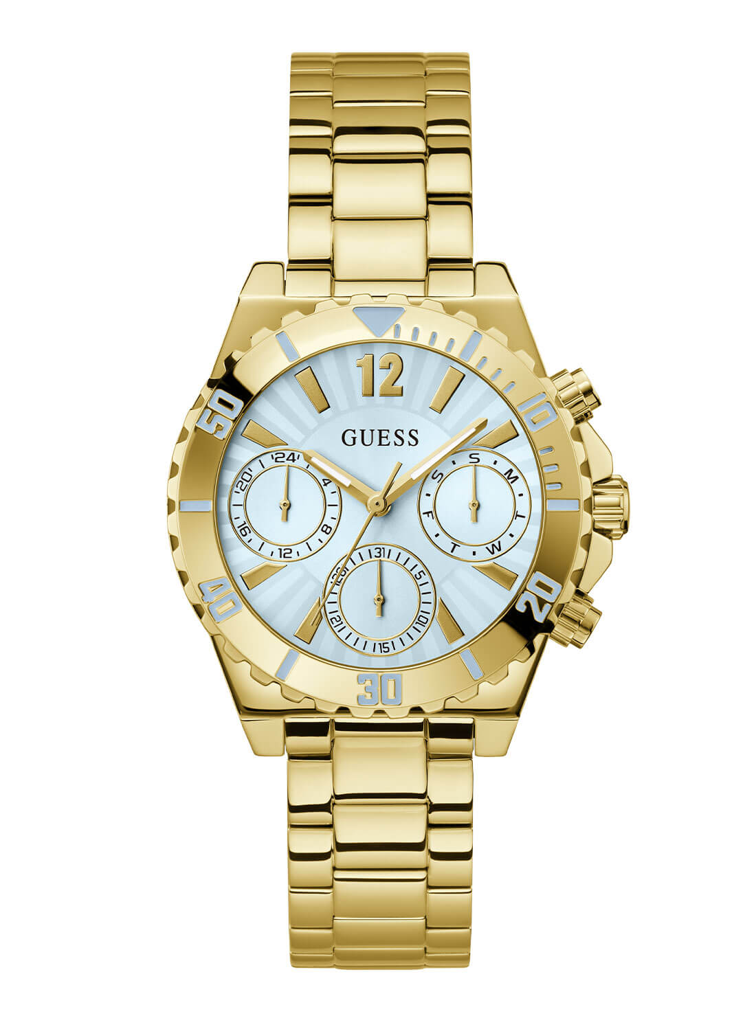 Gold Phoebe Blue Dial Link Watch | GUESS Women's Watches | front view
