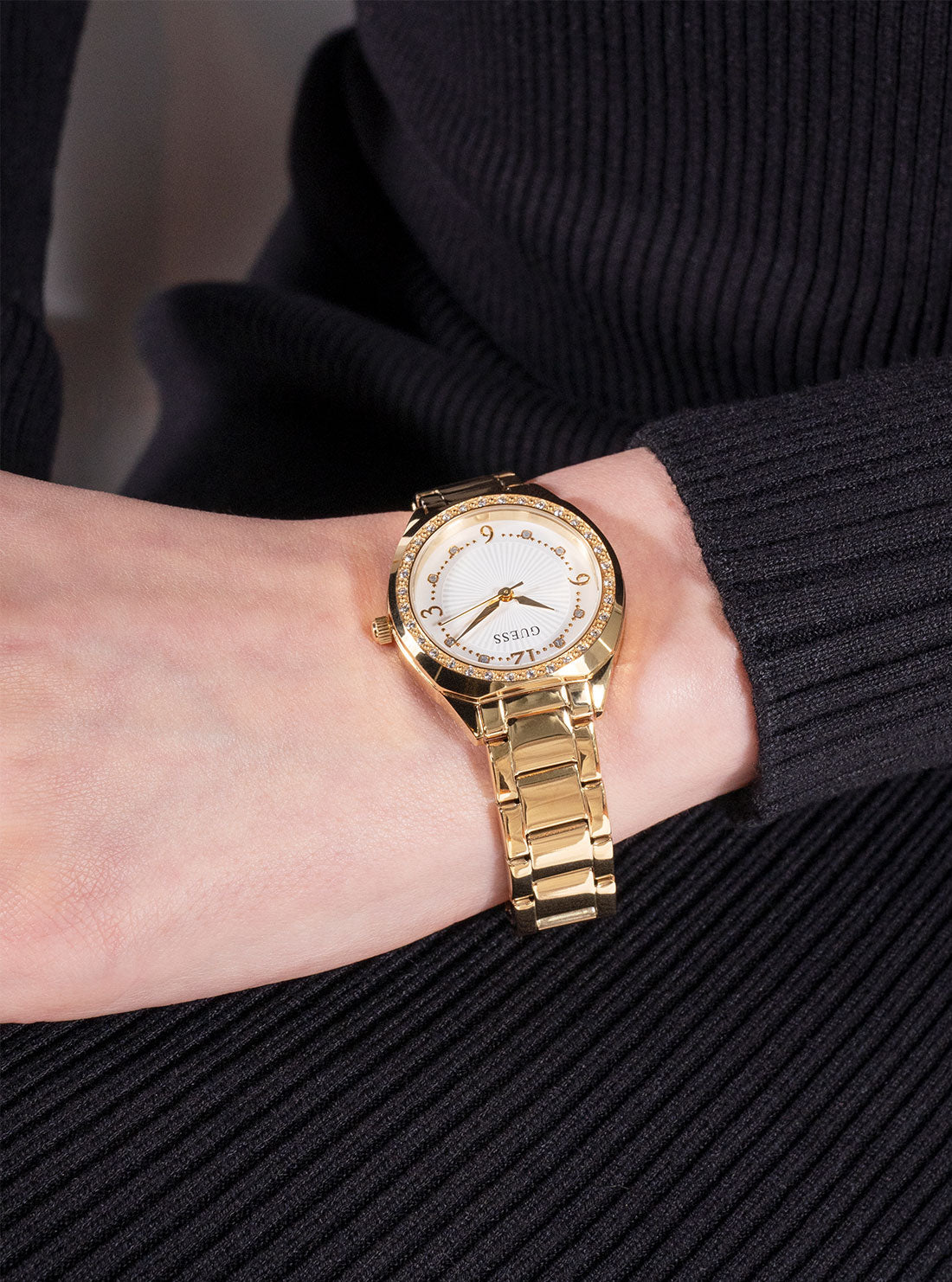 GUESS Accessories Gold Charlotte Chrystal Link Watch GW0767L2 Detail View