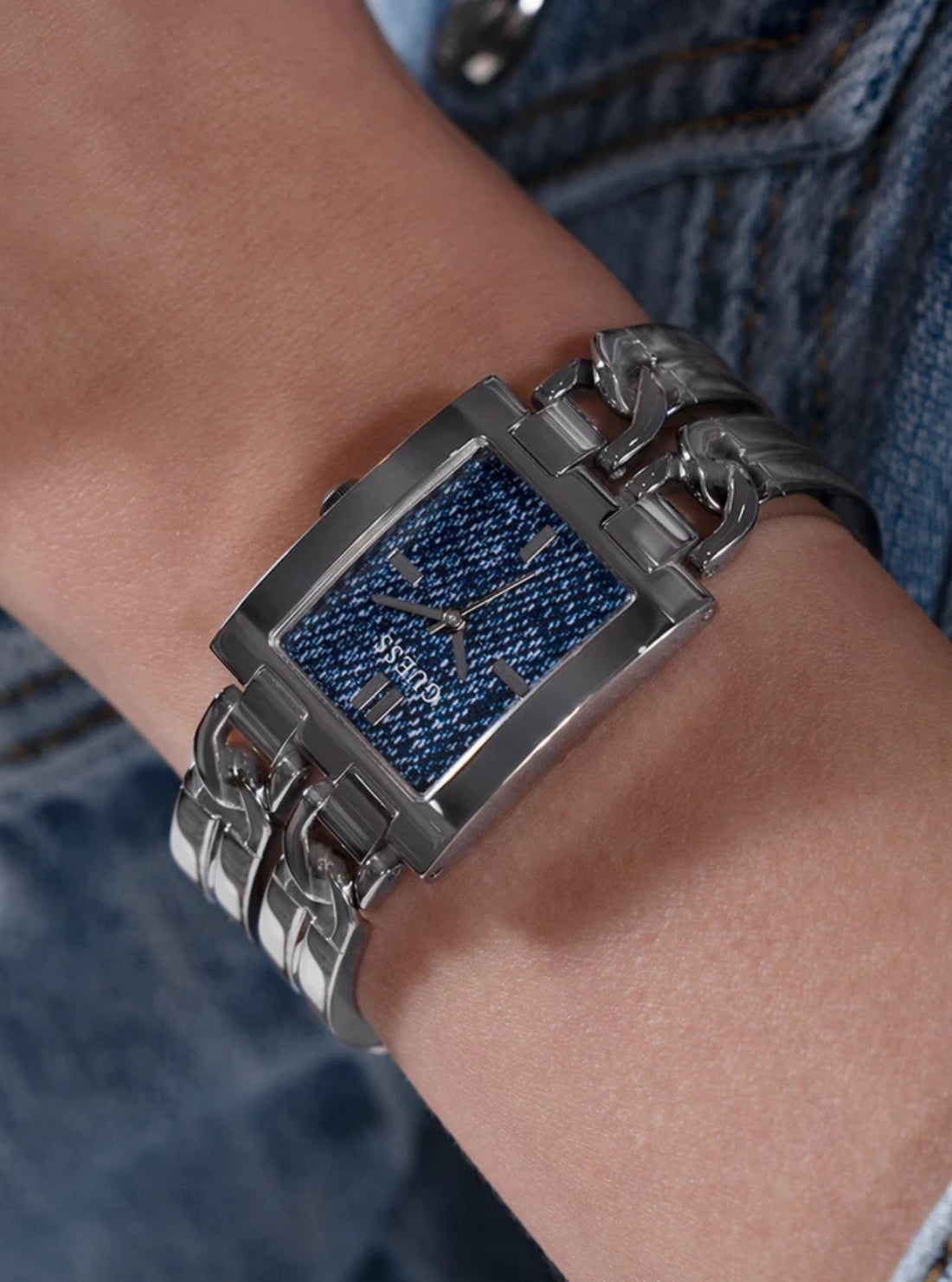 GUESS Accessories Silver Mod Denim Dial Link Watch GW0807L1 Model View