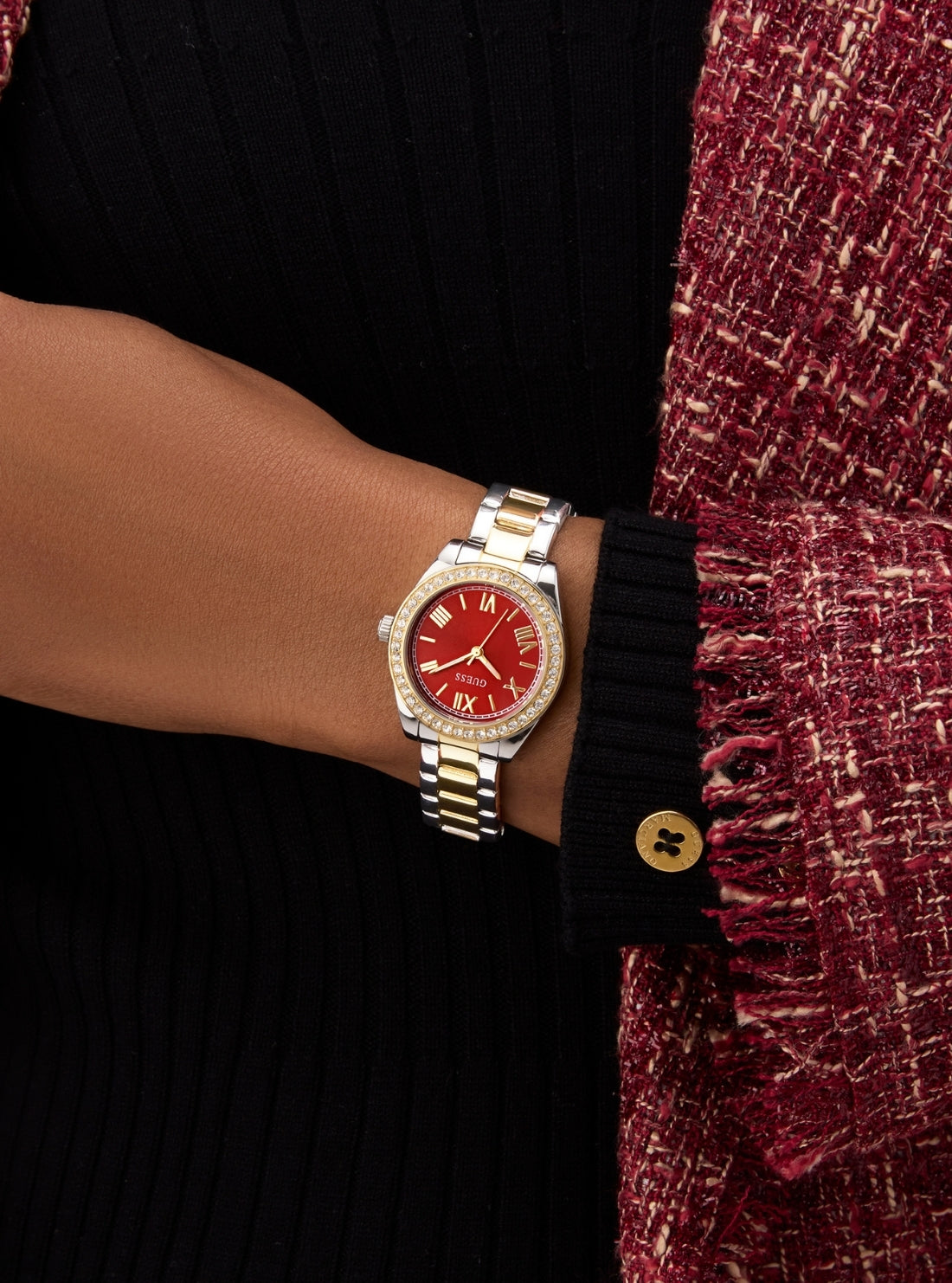 GUESS Accessories Two Tone Mini Luna Red Dial Watch GW0841L8 Detail View