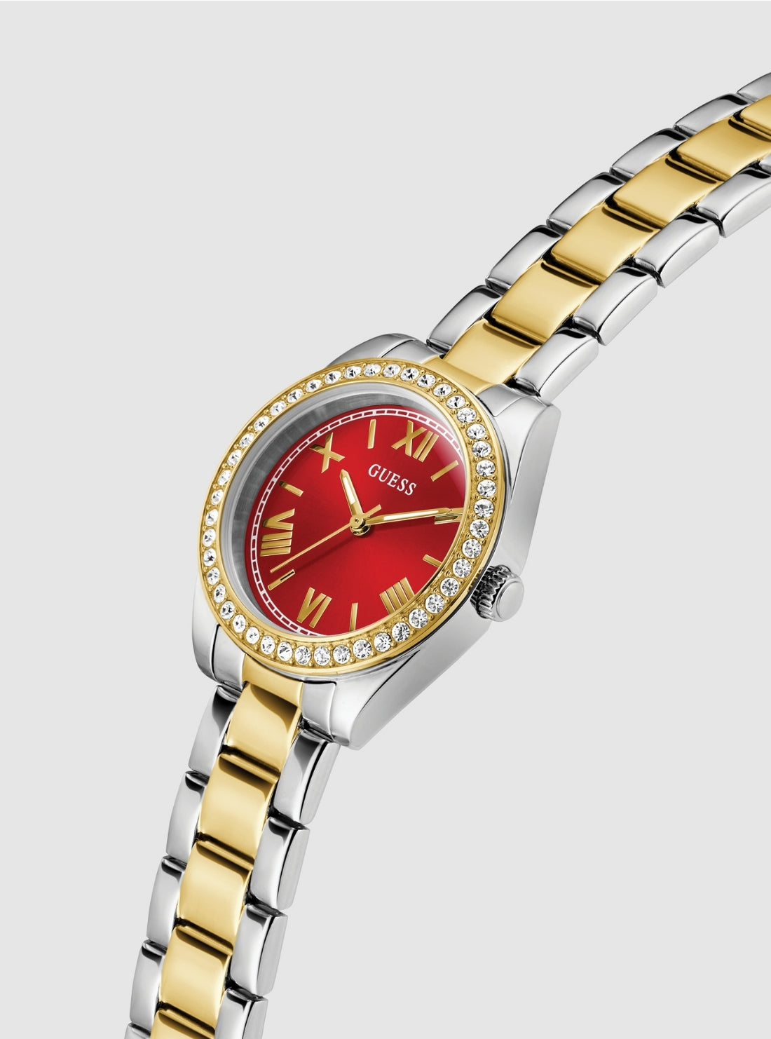 GUESS Accessories Two Tone Mini Luna Red Dial Watch GW0841L8 Front Side View