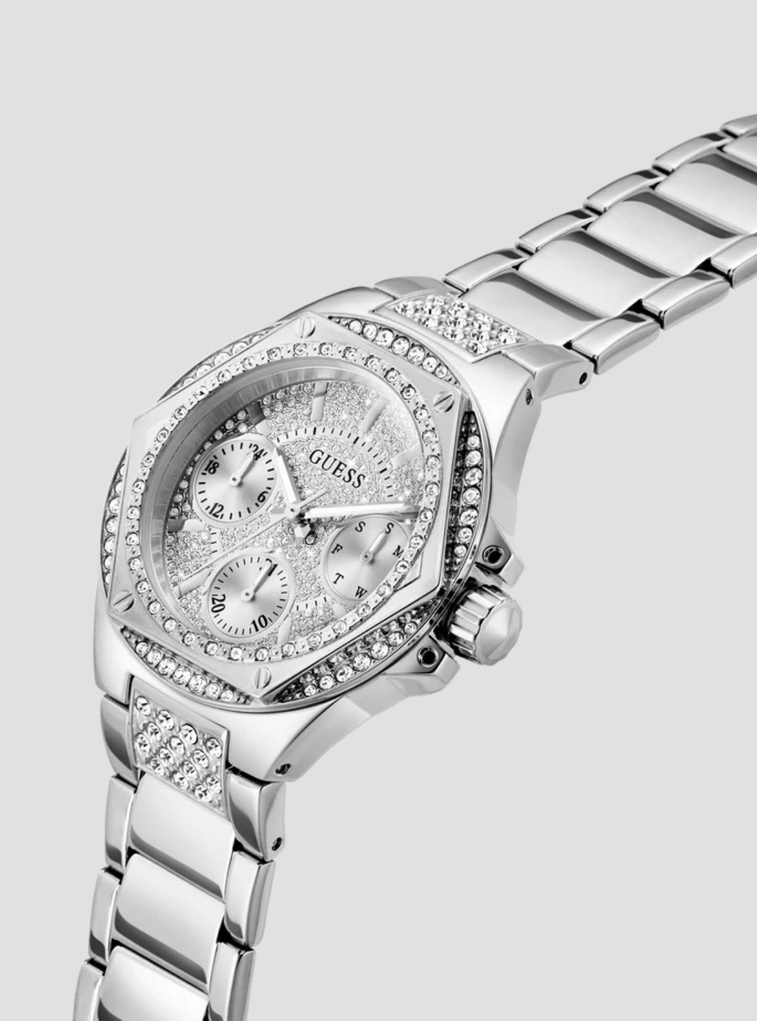 GUESS Accessories Silver Crystal Envy Multifunction Watch GW0878L1 Side View