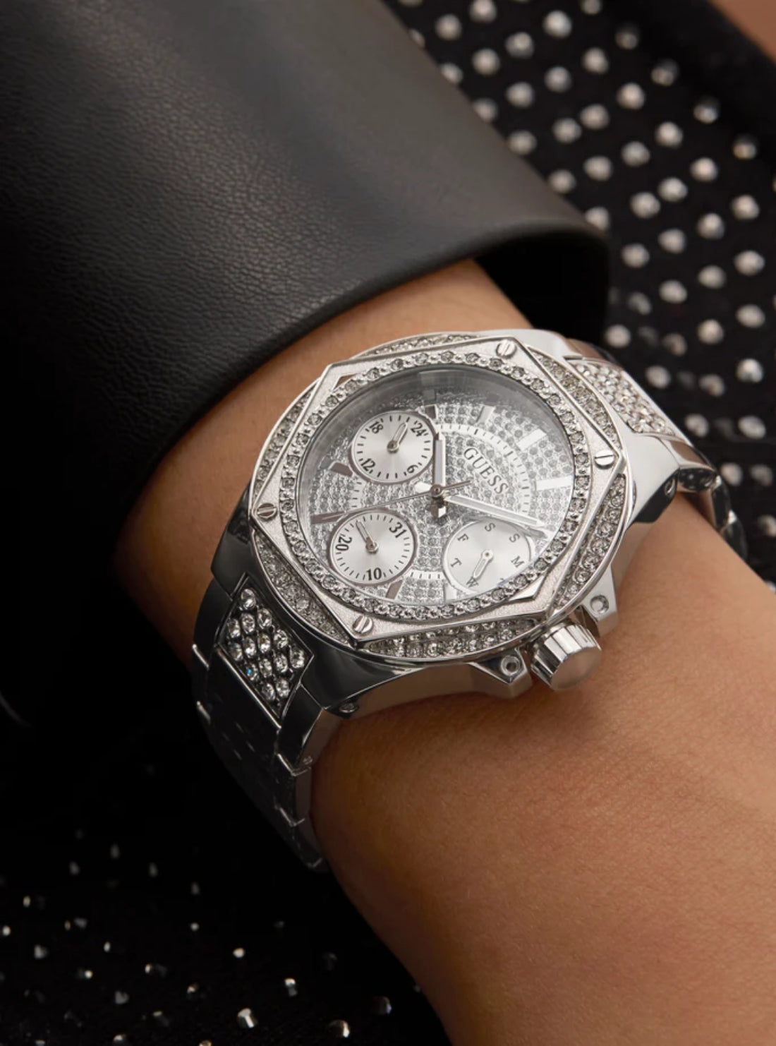 GUESS Accessories Silver Crystal Envy Multifunction Watch GW0878L1 Model View