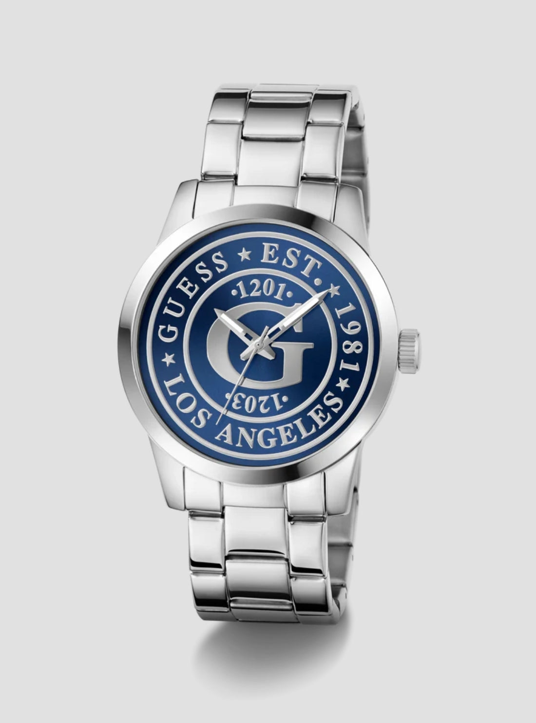 GUESS Accessories Silver Collegiate Blue Dial Watch GW0888G1 Front View