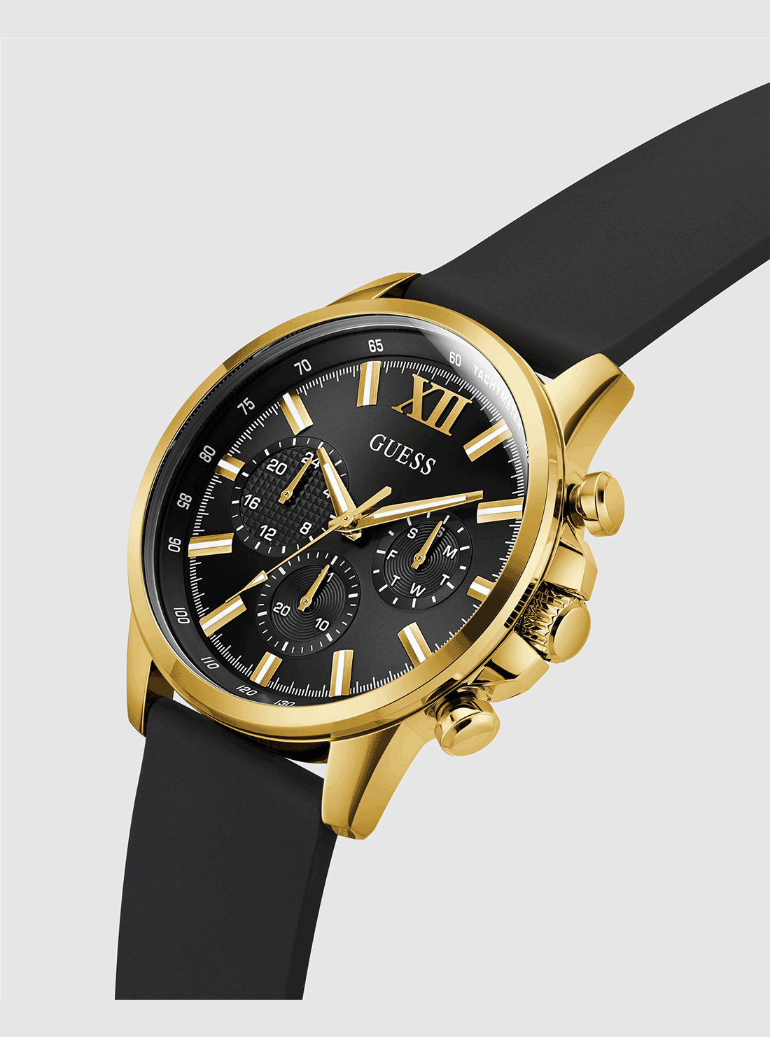 GUESS Accessories Black Gold Silicone Watch GW0913G2 Angle View