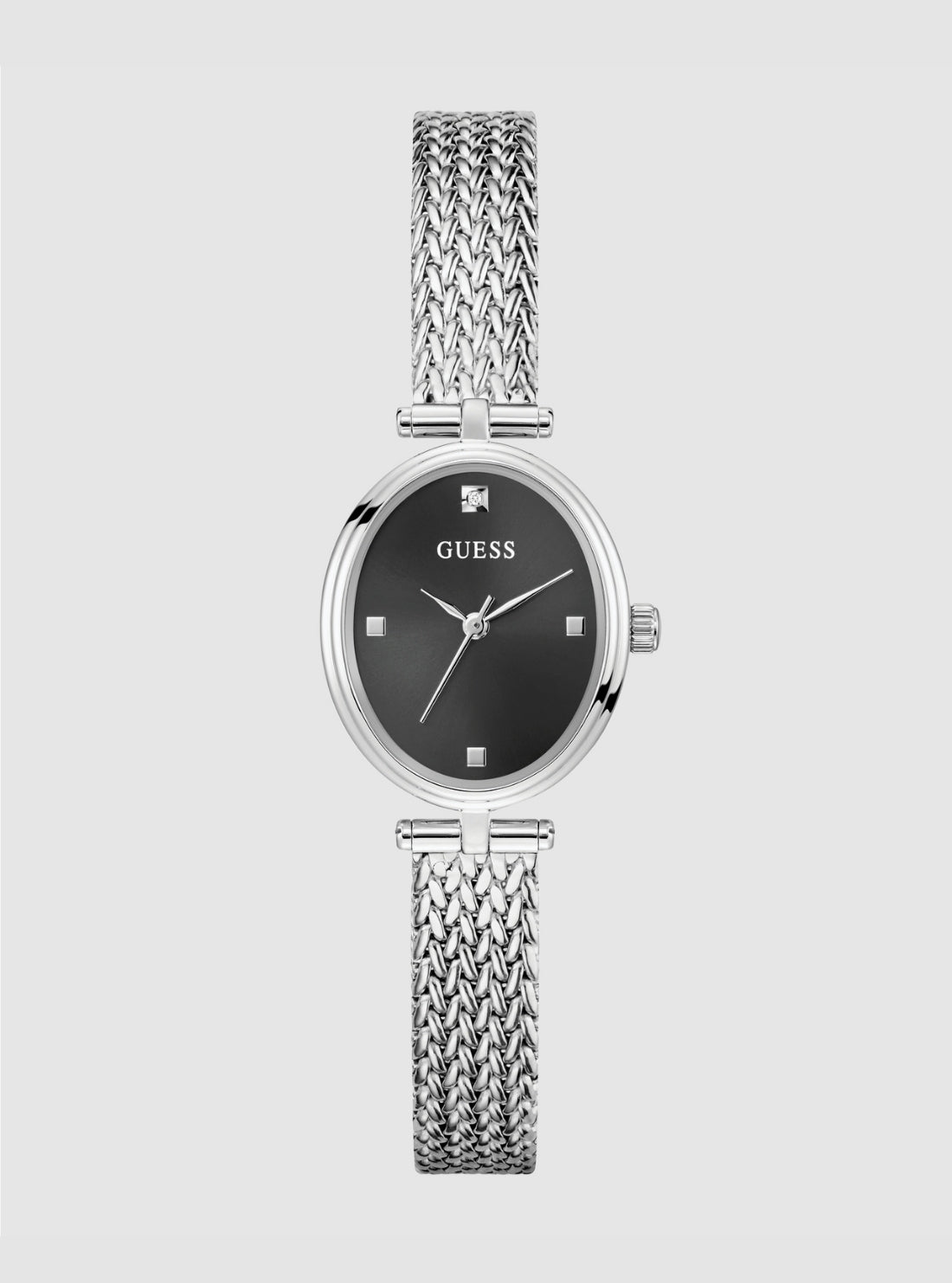 GUESS Accessories Silver Ruby Black Dial Mesh Watch GW0935L1 Front View