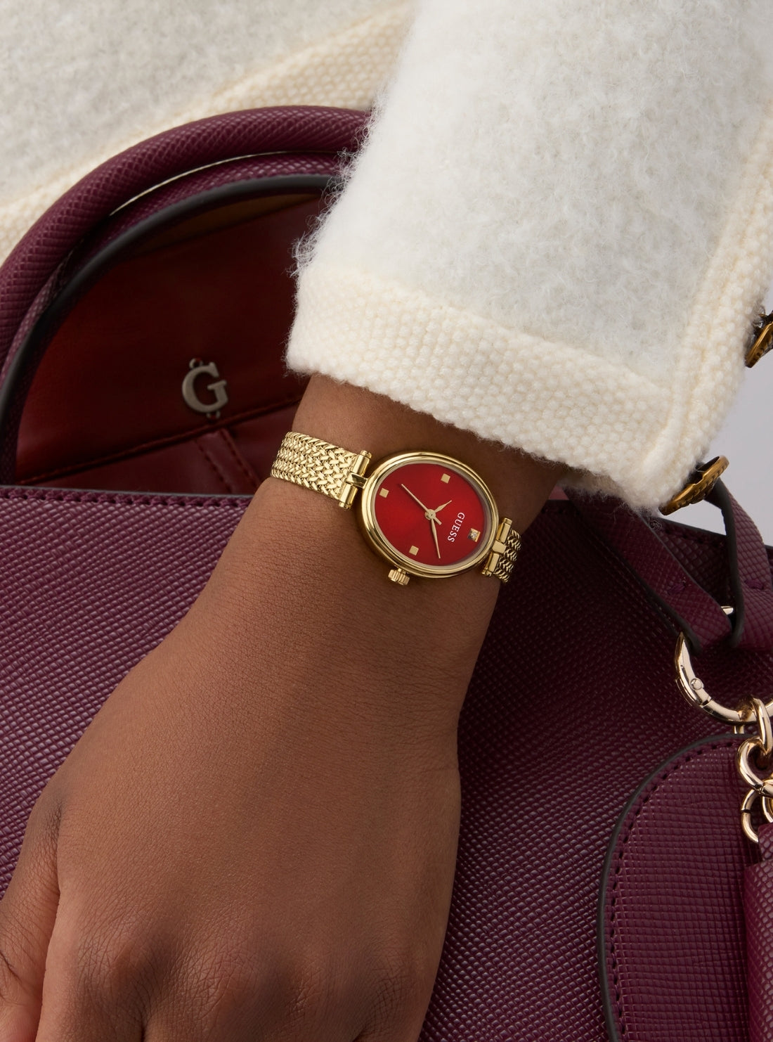 GUESS Accessories Gold Ruby Red Dial Mesh Watch GW0935L4 Detail View
