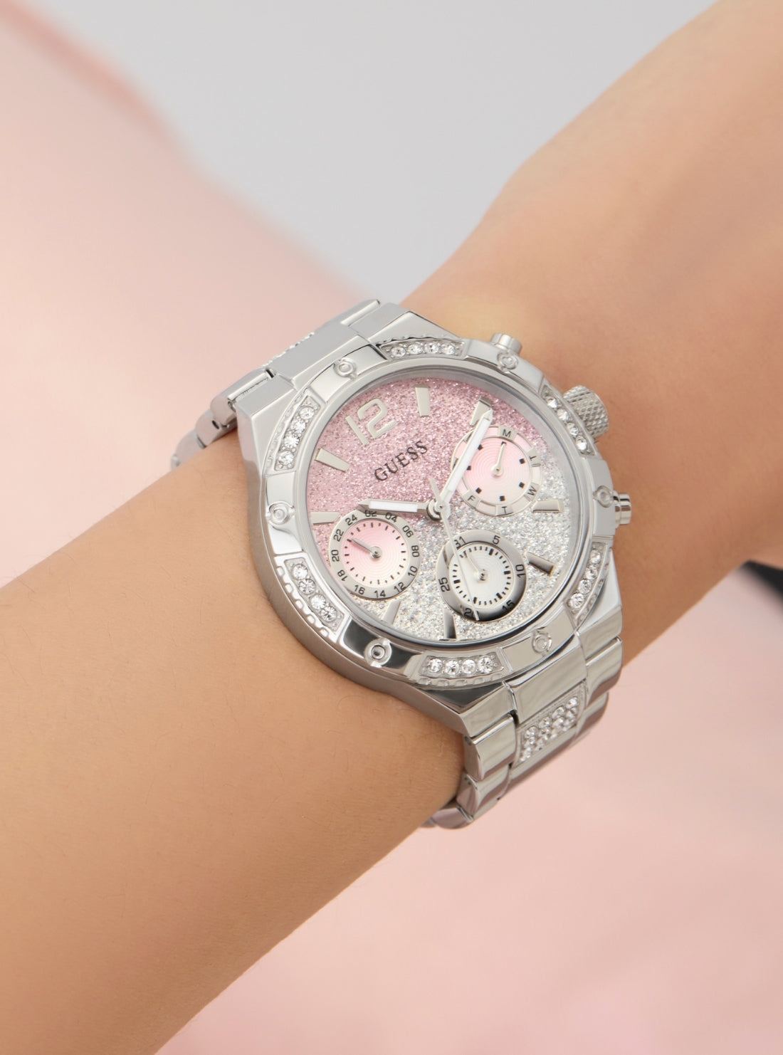 GUESS Accessories Silver Harlow Pink Dial Bracelet Watch GW0950L1 Detail View