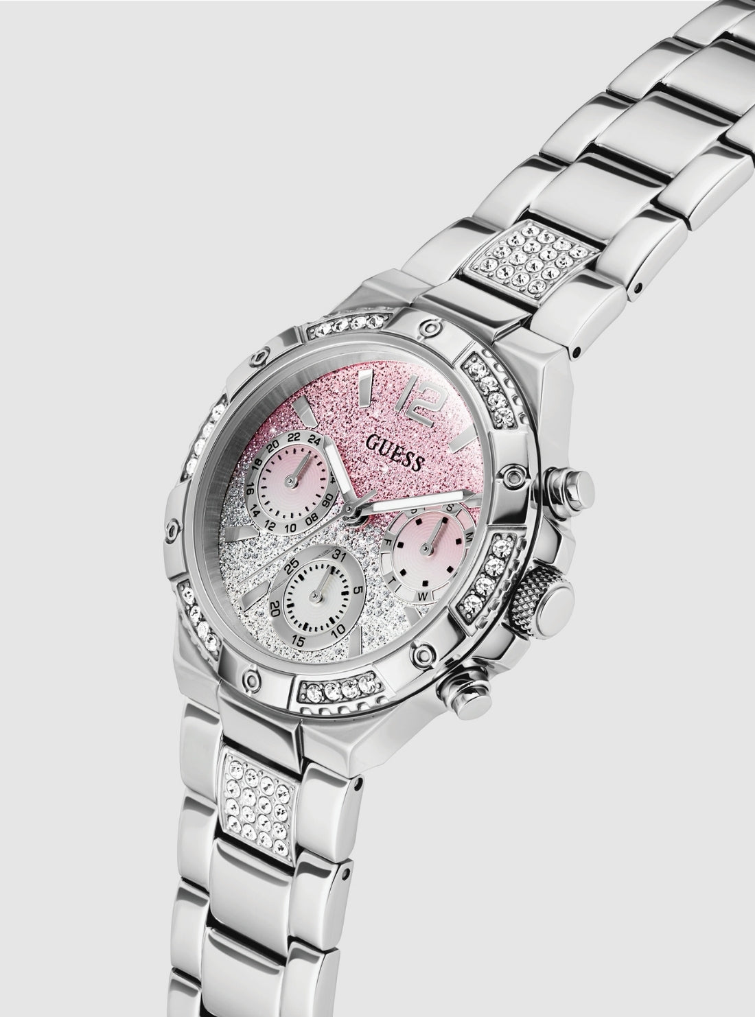 GUESS Accessories Silver Harlow Pink Dial Bracelet Watch GW0950L1 Front Side View