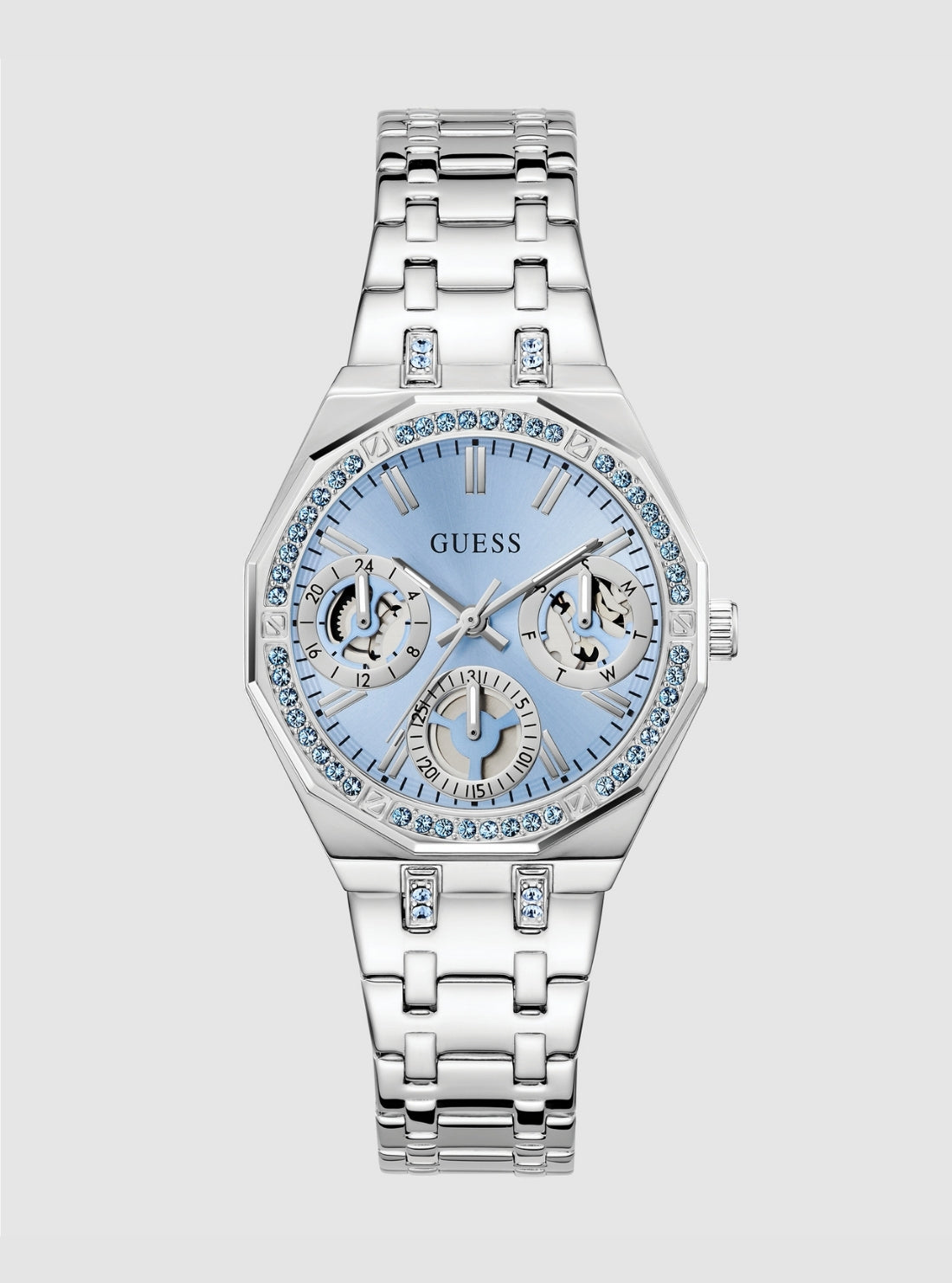 GUESS Accessories Silver Quinn Ice Blue Dial Watch GW1009L1 Front View