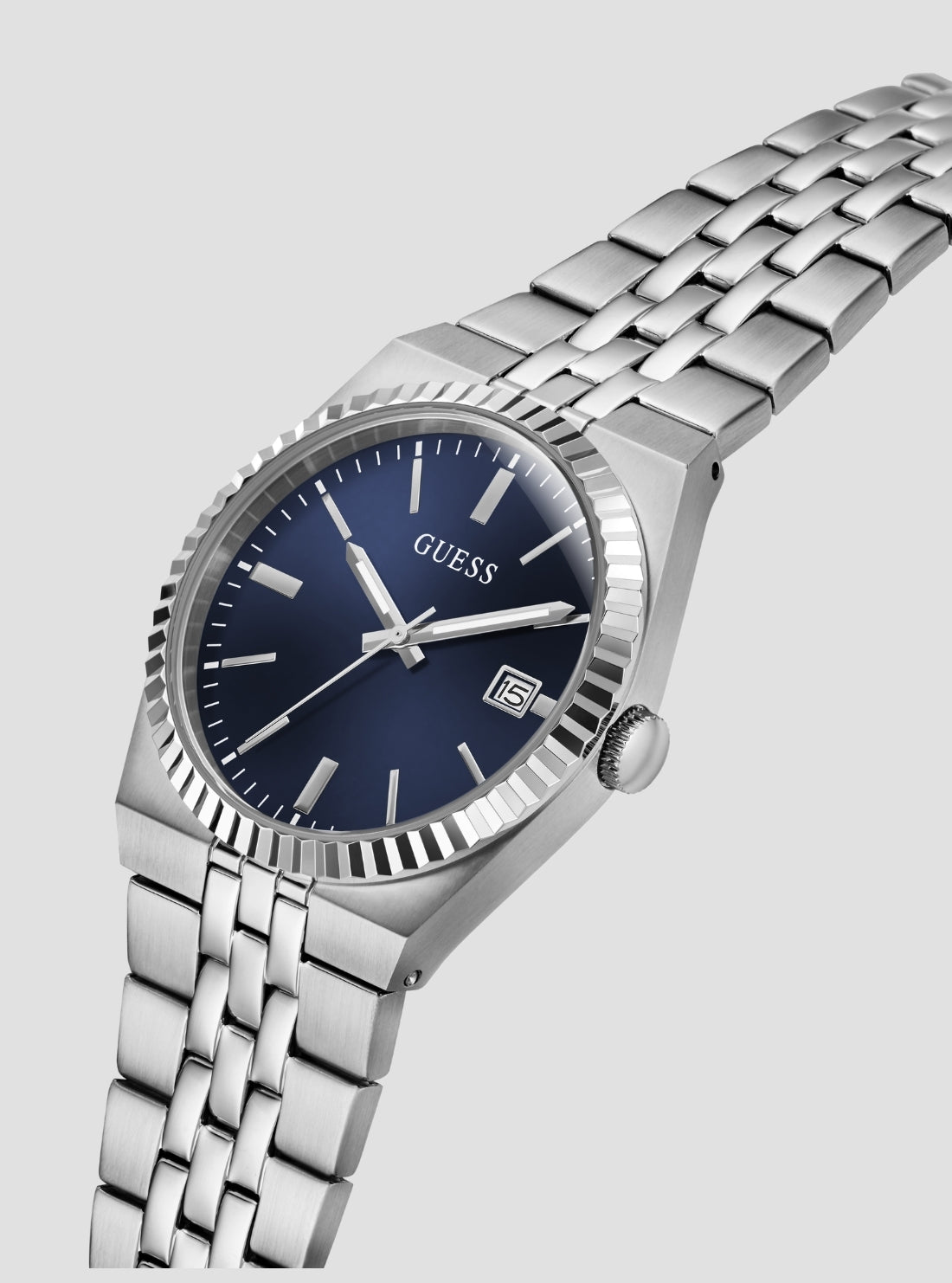 GUESS Accessories Silver Blue Dial Vincent Watch GW1153G1 Side View2