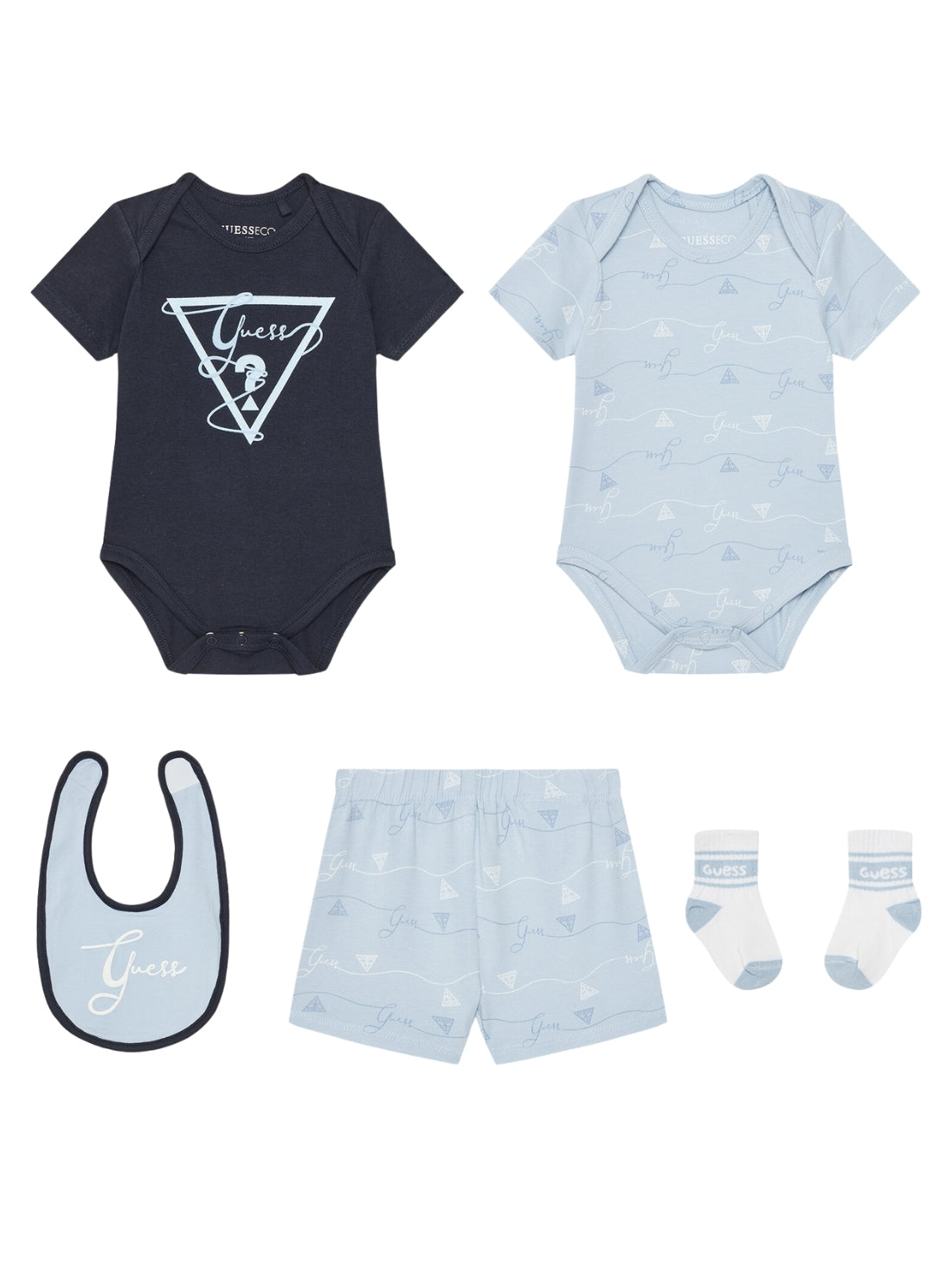 GUESS Baby Blue 5-Piece Bodysuit and Short Set (0-12m) H5GW03K6YW1 Front View