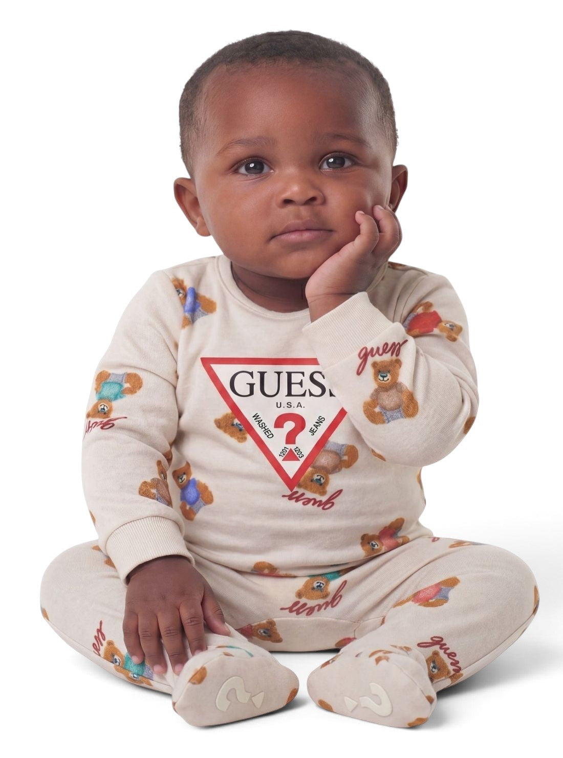 GUESS Kids Beige Bear Print Overall H6YG07K4131 Front View