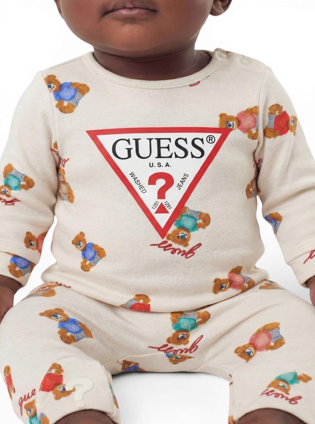 GUESS Kids Beige Bear Print Overall H6YG07K4131 Detail View2