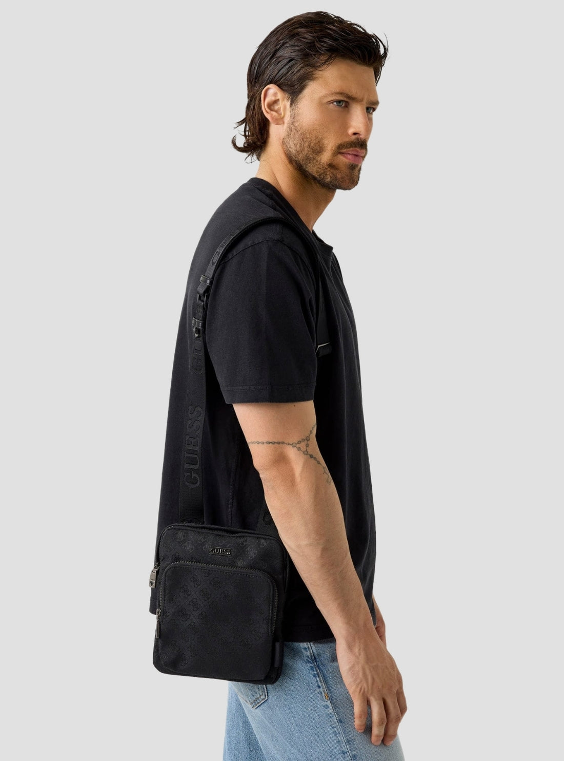 GUESS Mens Black Boston Logo Flat Crossbody Bag HMBOSTP6123 Full View