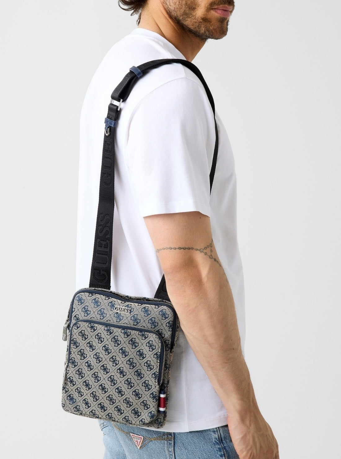 GUESS Mens Sand Blue Boston Logo Flat Crossbody Bag HMBOSTP6123 Model View
