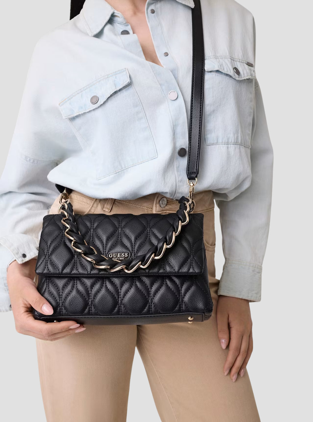 GUESS Womens Black Maxine Flap Crossbody Bag QG973320 Model View