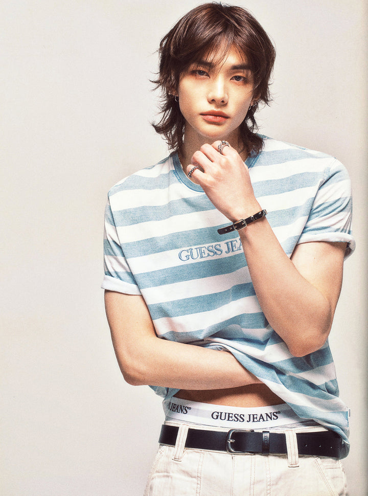 Guess Jeans Blue White Striped T-Shirt M6GIZ5KF531 Model View Hyunjin