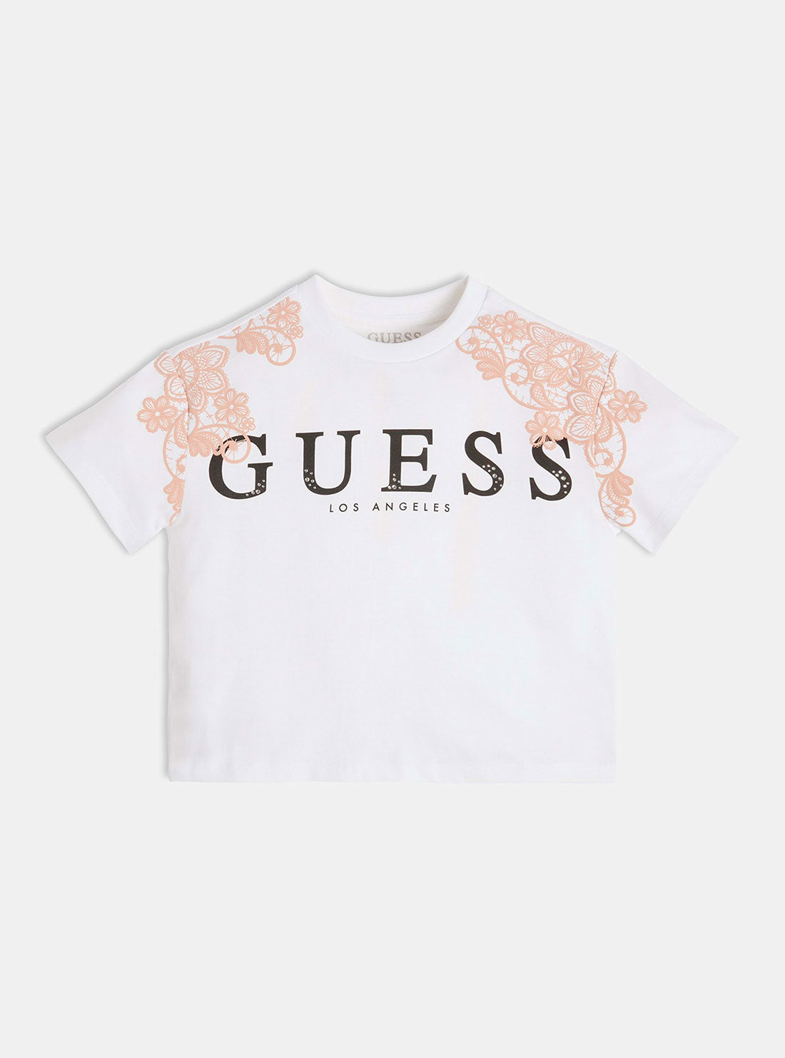White Floral Embroidered Logo T-Shirt (7-16) | GUESS Kids | Front view