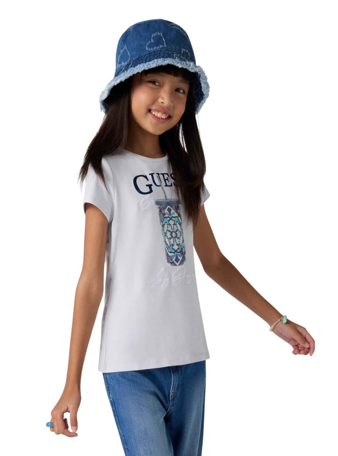 GUESS Kids White Sequin Tumbler Logo T-Shirt (7-16) J5GI08K6YW4 Front Side View