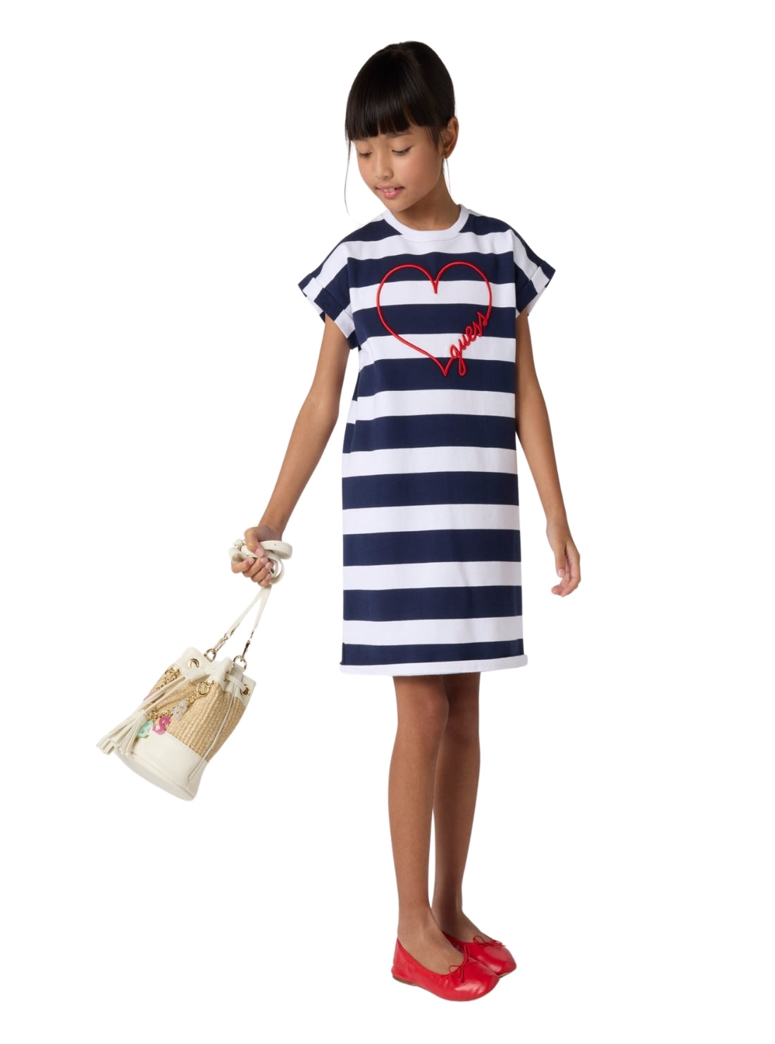 GUESS Kids White Blue Stripe Terry Dress (7-16) J5GK33KBOR4 Front Side View